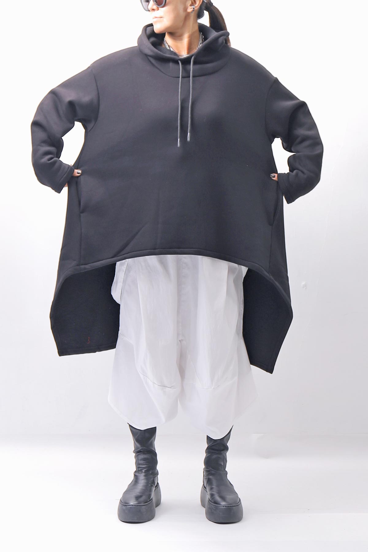 【PLÜ】 UNISEX ASYMMETRIC COTTON NEOPRENE HOODIE TOP PL11H_BLACK