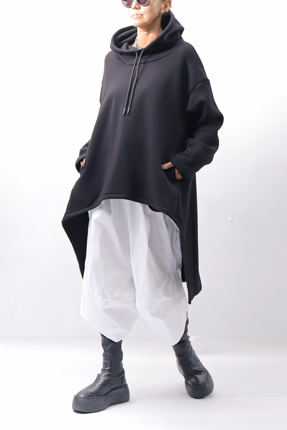 【PLÜ】 UNISEX ASYMMETRIC COTTON NEOPRENE HOODIE TOP PL11H_BLACK
