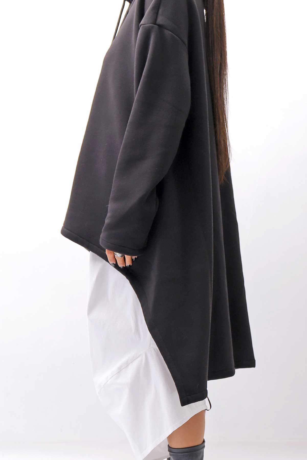 【PLÜ】 UNISEX ASYMMETRIC COTTON NEOPRENE HOODIE TOP PL11H_BLACK