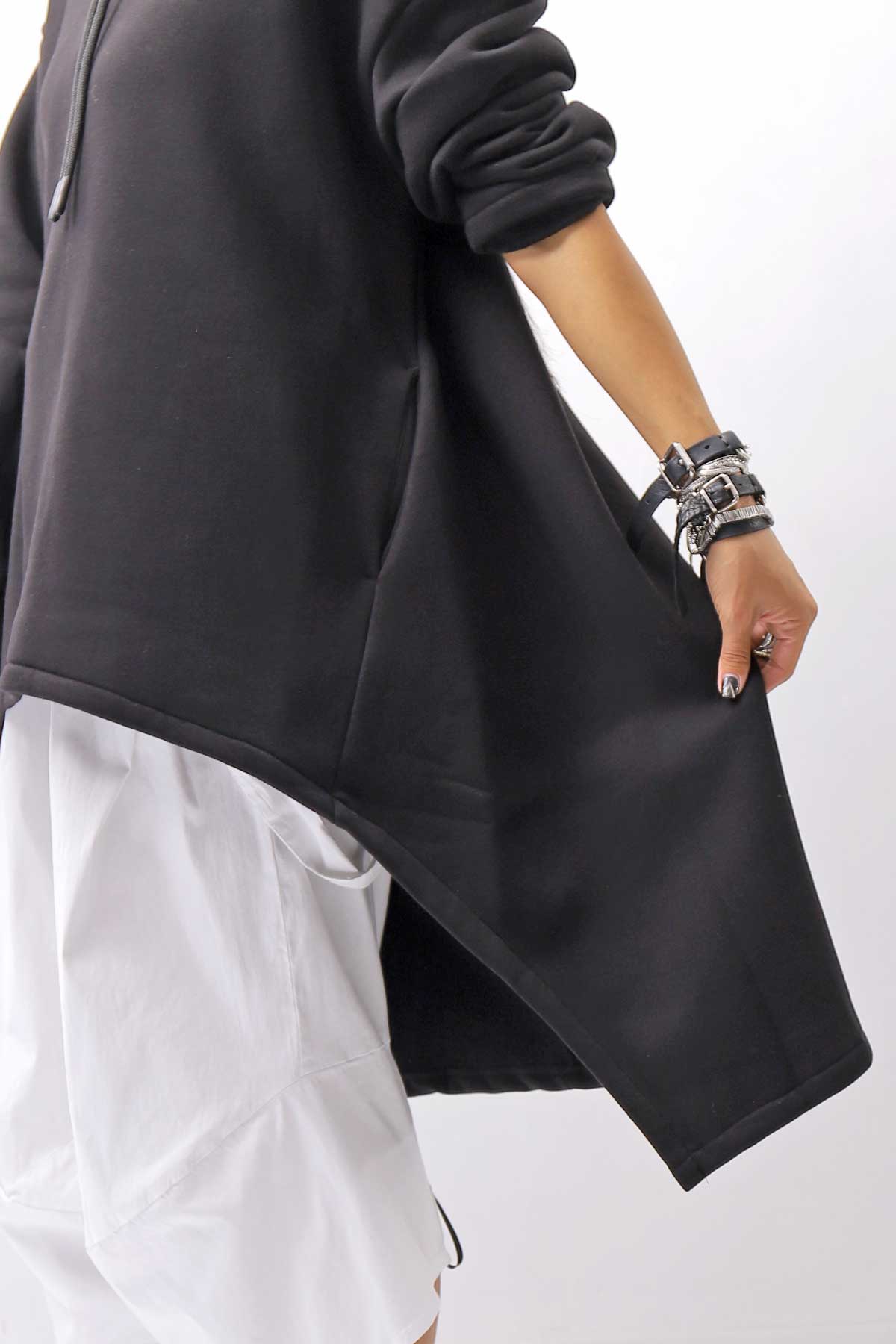【PLÜ】 UNISEX ASYMMETRIC COTTON NEOPRENE HOODIE TOP PL11H_BLACK