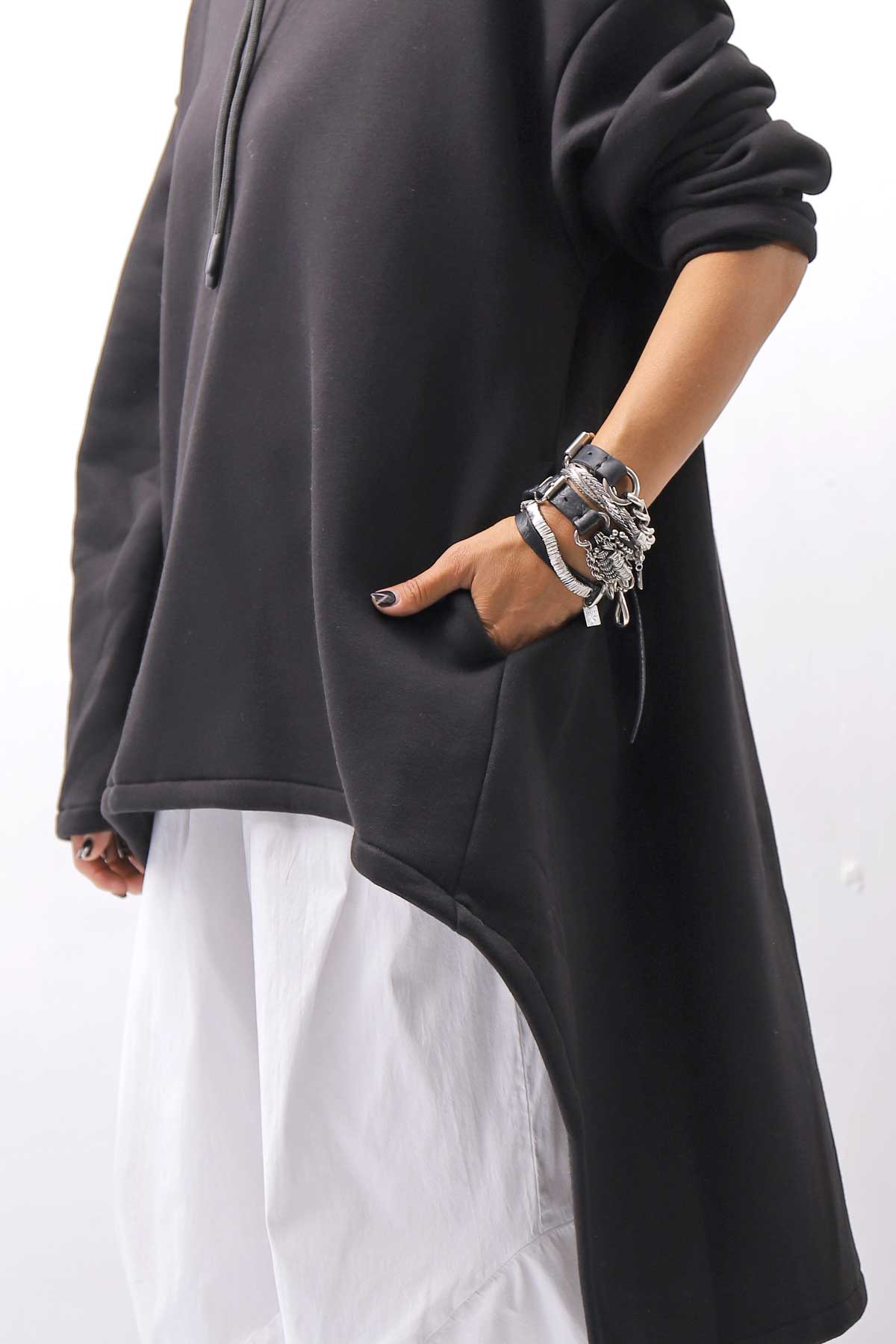 【PLÜ】 UNISEX ASYMMETRIC COTTON NEOPRENE HOODIE TOP PL11H_BLACK