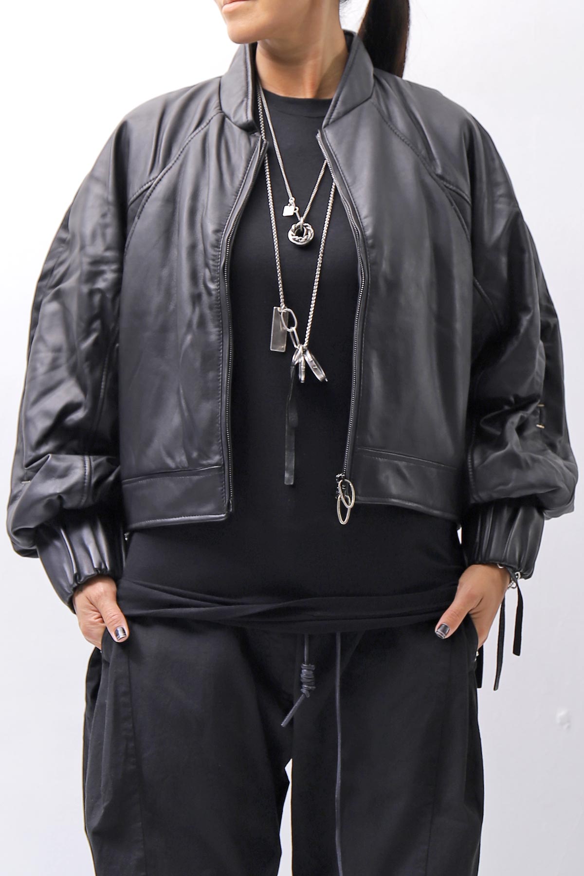 【DANIELE BASTA】 DOLMAN SLEEVE LEATHER SHORT BOMBER JACKET DB1301_BLACK