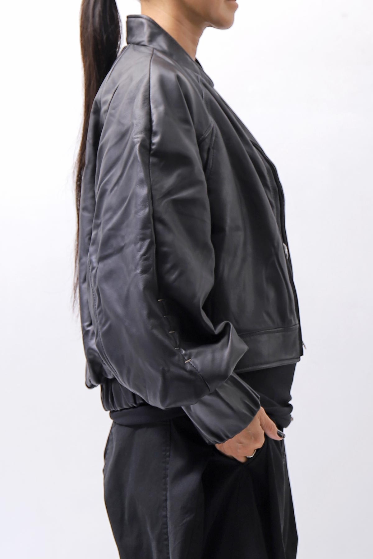 【DANIELE BASTA】 DOLMAN SLEEVE LEATHER SHORT BOMBER JACKET DB1301_BLACK