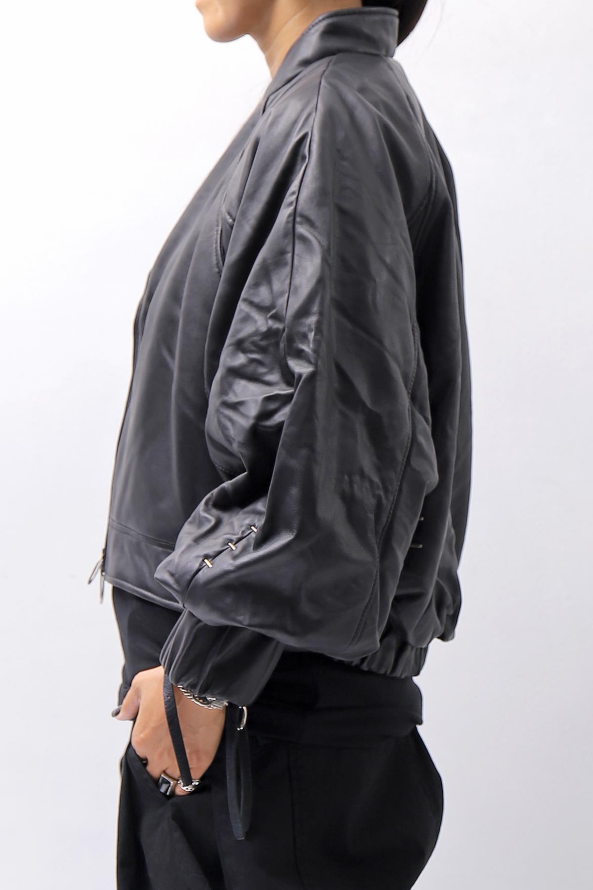 【DANIELE BASTA】 DOLMAN SLEEVE LEATHER SHORT BOMBER JACKET DB1301_BLACK