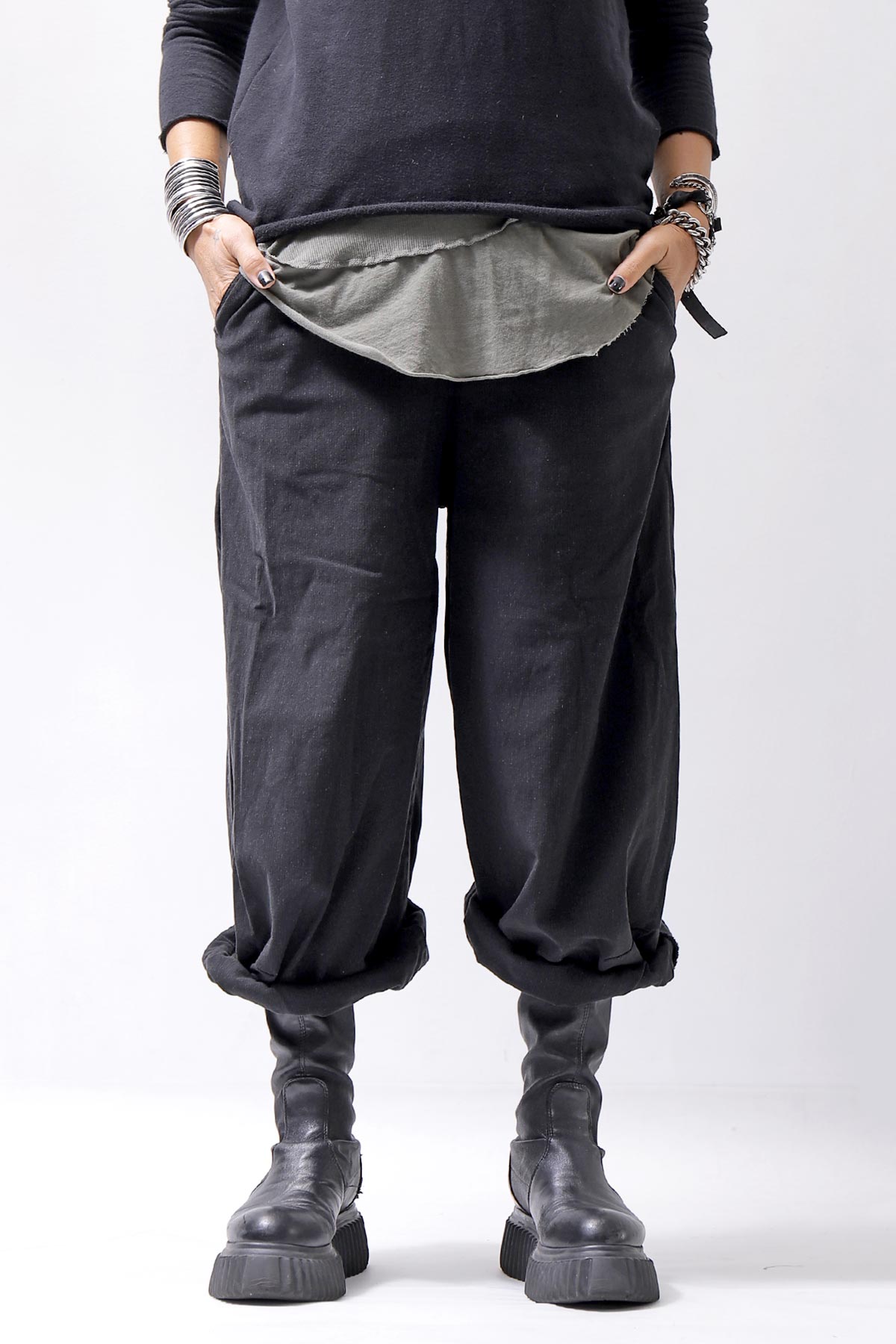 【RUNDHOLZ】 UNISEX STRETCH COTTON WOOL LOW CROTCH WIDE PANTS 341 0102_BLACK STRIPE