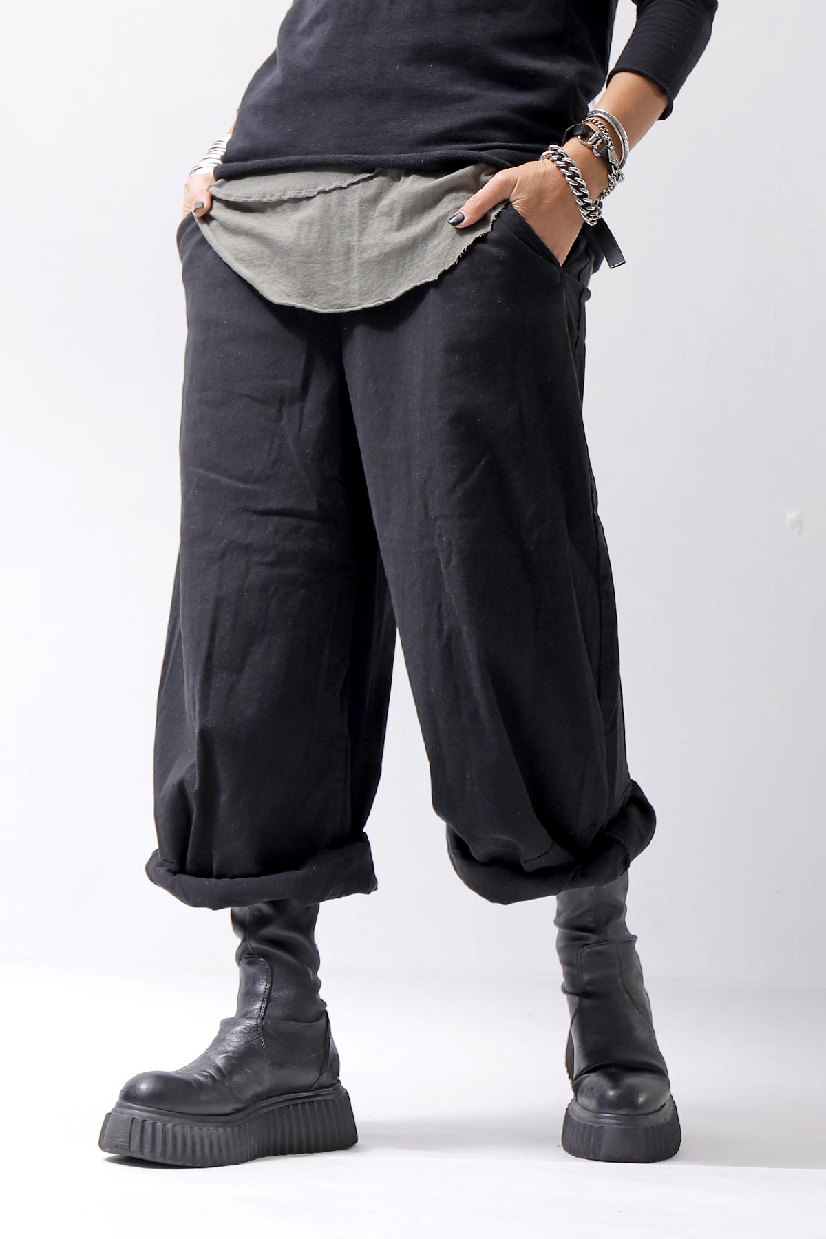 【RUNDHOLZ】 UNISEX STRETCH COTTON WOOL LOW CROTCH WIDE PANTS 341 0102_BLACK STRIPE