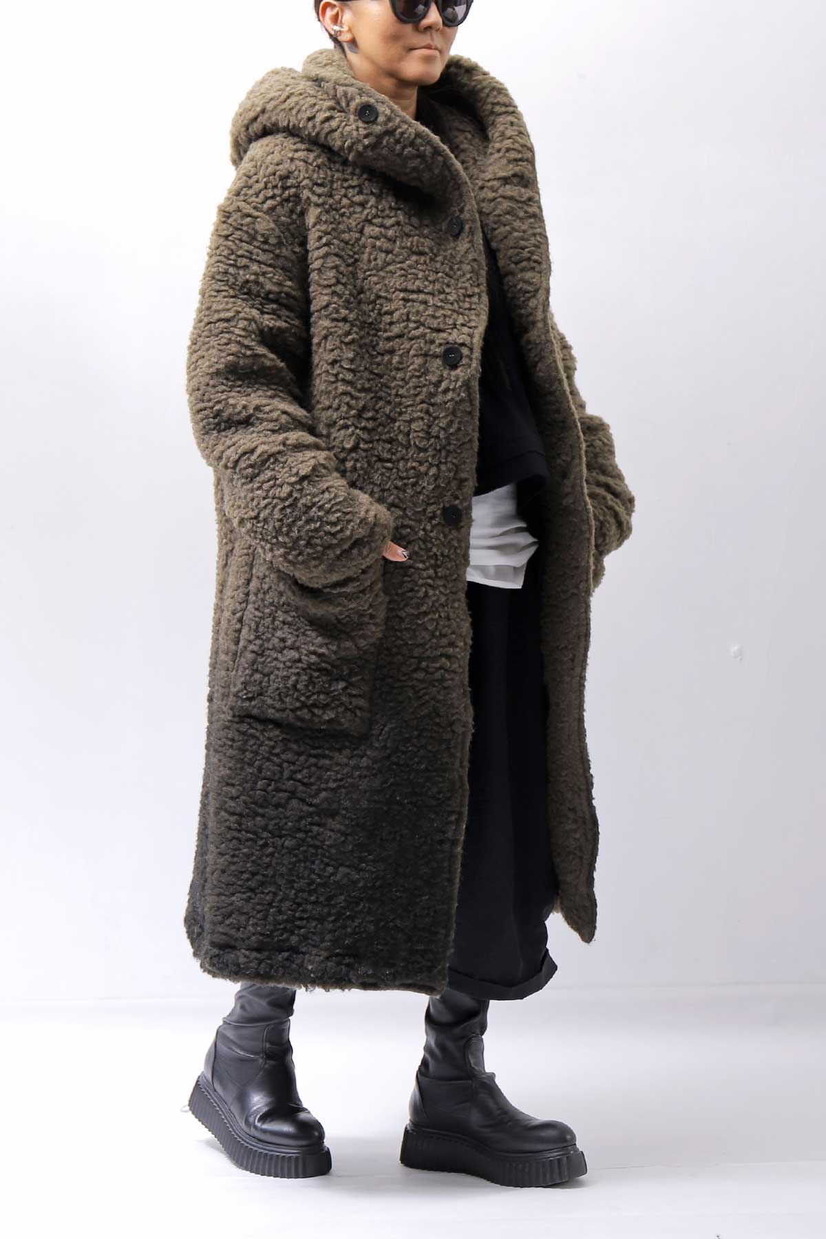 【NOSTRASANTISSIMA】 UNISEX VIRGIN BOA KNIT HOODED COAT_KHAKI BROWN
