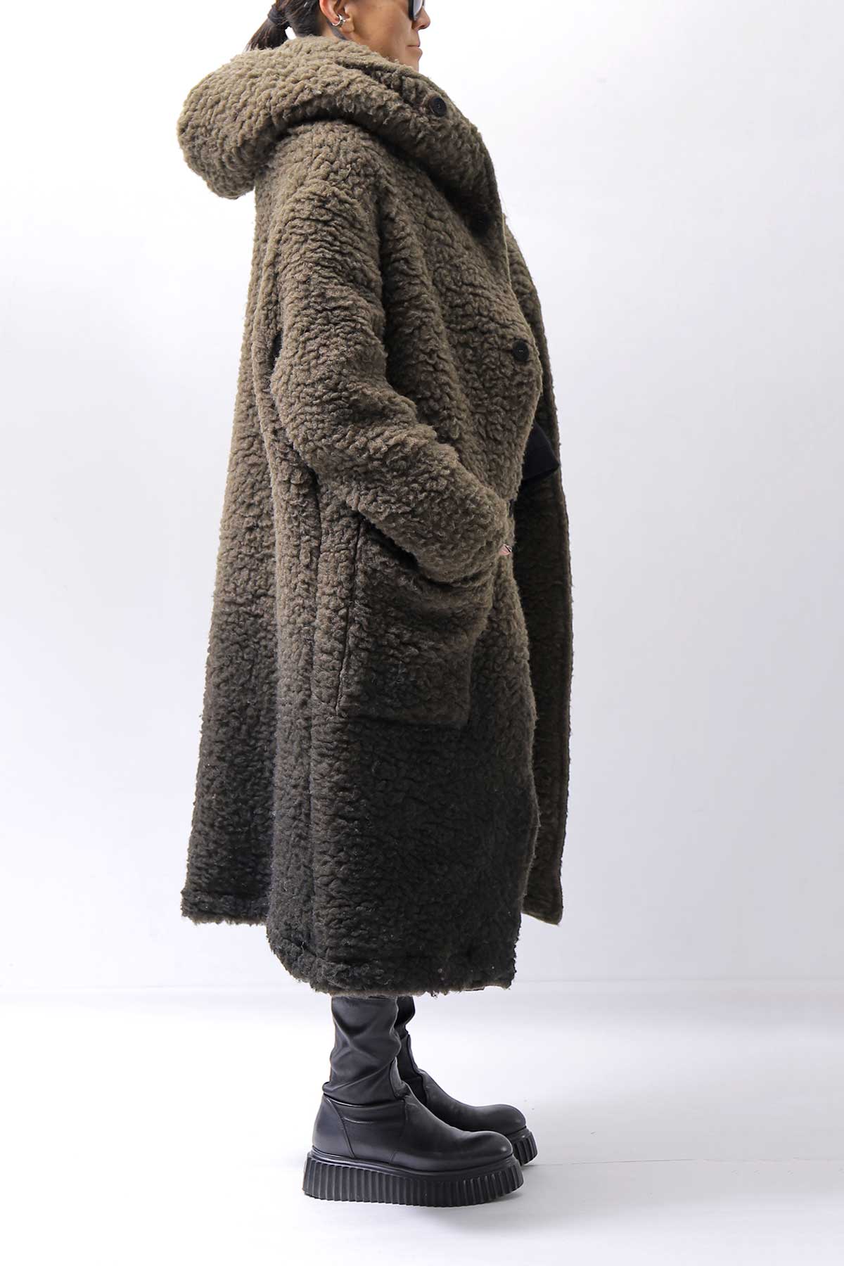 【NOSTRASANTISSIMA】 UNISEX VIRGIN BOA KNIT HOODED COAT_KHAKI BROWN