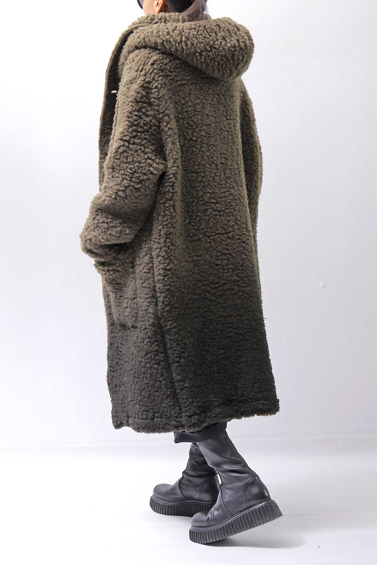 【NOSTRASANTISSIMA】 UNISEX VIRGIN BOA KNIT HOODED COAT_KHAKI BROWN