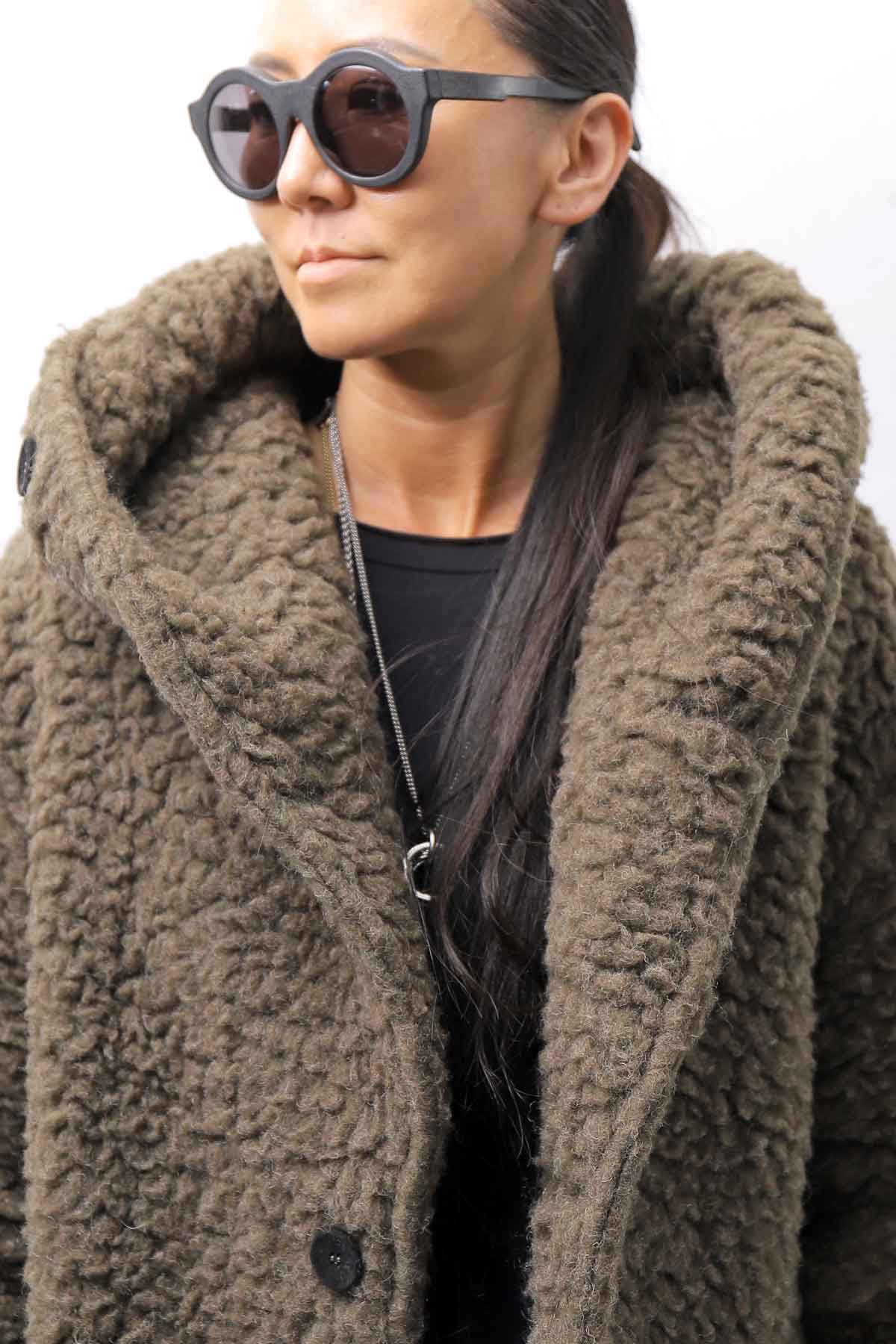 【NOSTRASANTISSIMA】 UNISEX VIRGIN BOA KNIT HOODED COAT_KHAKI BROWN