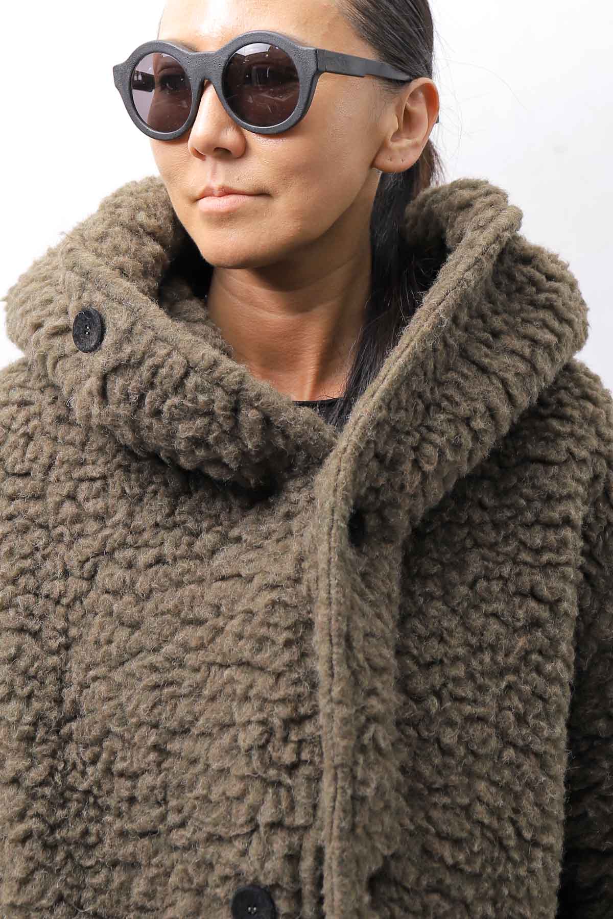 【NOSTRASANTISSIMA】 UNISEX VIRGIN BOA KNIT HOODED COAT_KHAKI BROWN