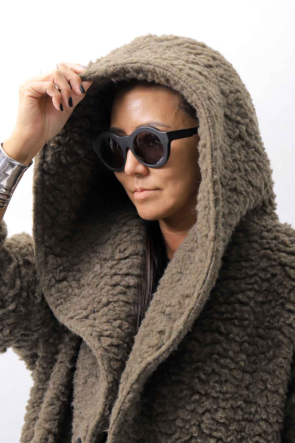 【NOSTRASANTISSIMA】 UNISEX VIRGIN BOA KNIT HOODED COAT_KHAKI BROWN