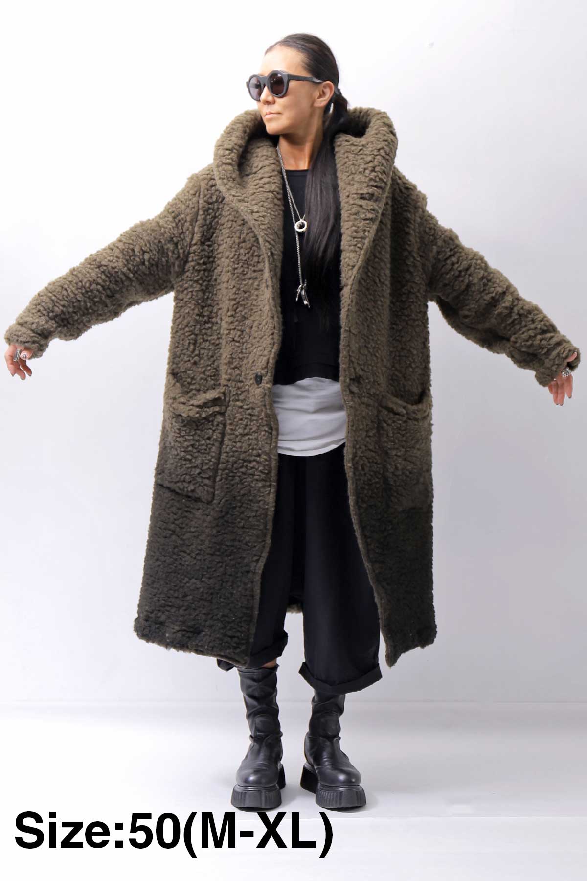 【NOSTRASANTISSIMA】 UNISEX VIRGIN BOA KNIT HOODED COAT_KHAKI BROWN