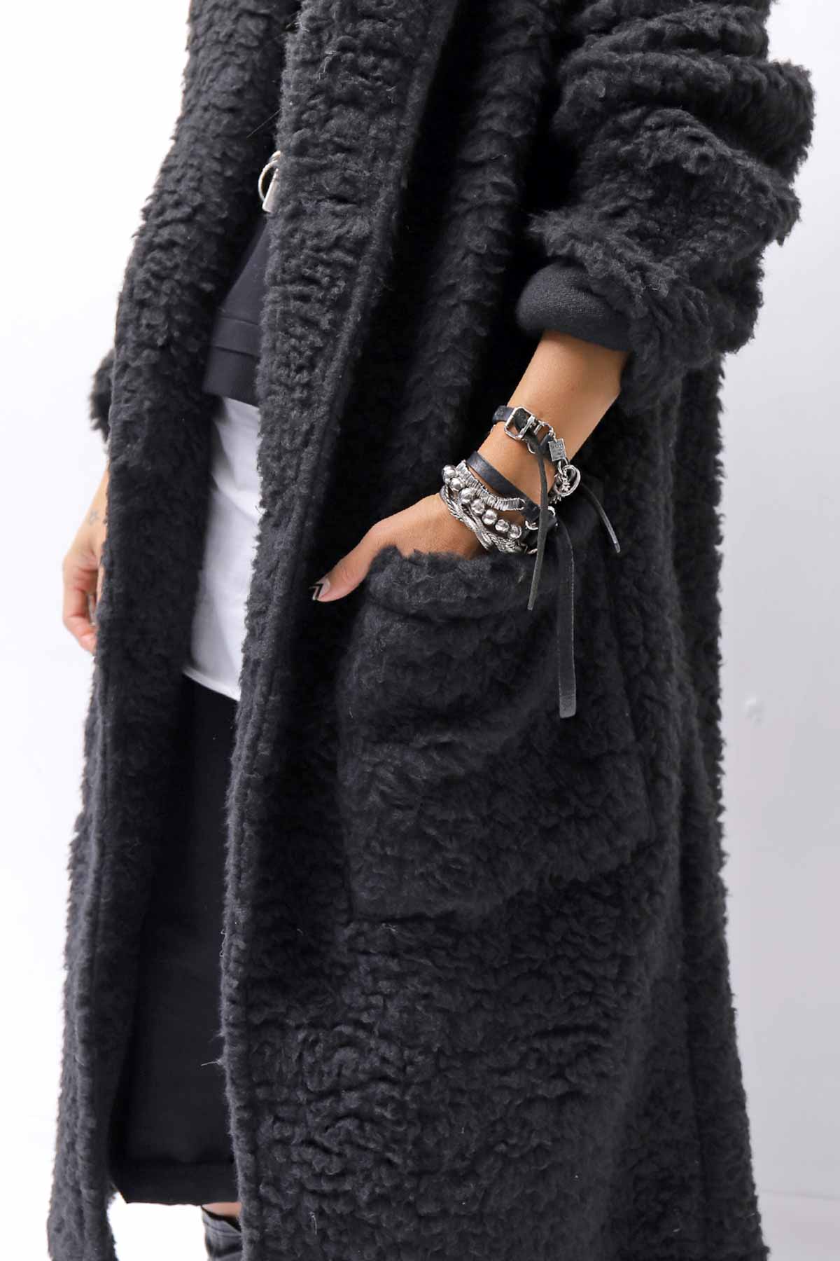 【NOSTRASANTISSIMA】 UNISEX VIRGIN BOA KNIT HOODED COAT_BLACK
