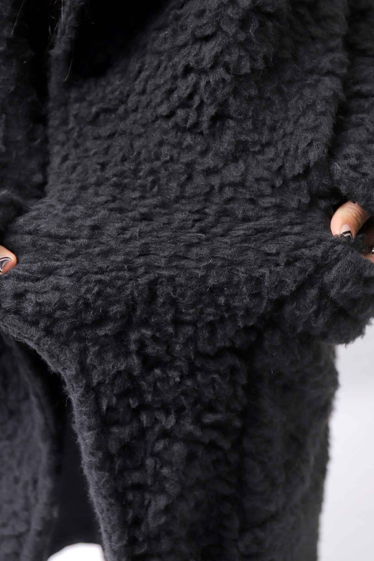 【NOSTRASANTISSIMA】 UNISEX VIRGIN BOA KNIT HOODED COAT_BLACK