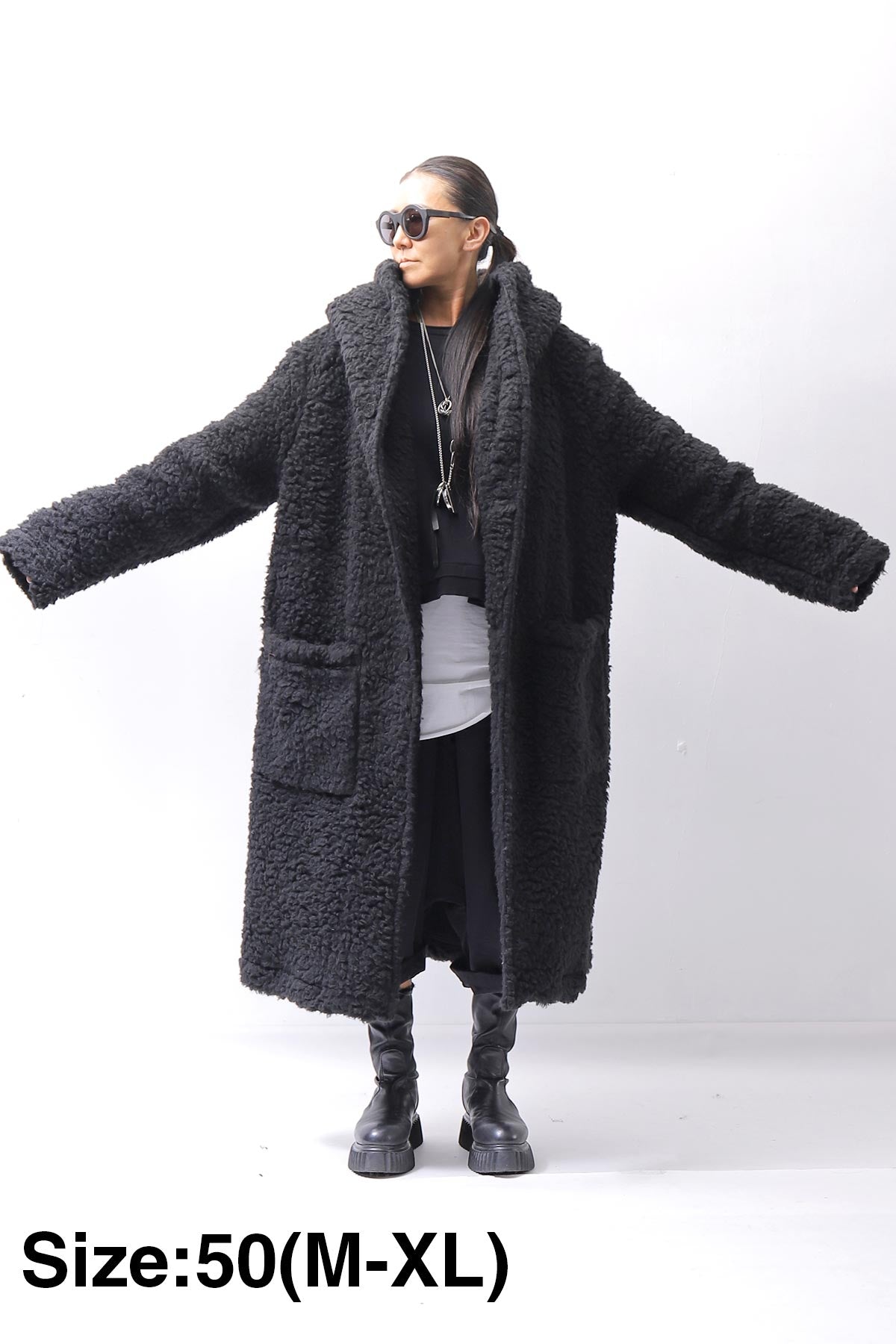 【NOSTRASANTISSIMA】 UNISEX VIRGIN BOA KNIT HOODED COAT_BLACK