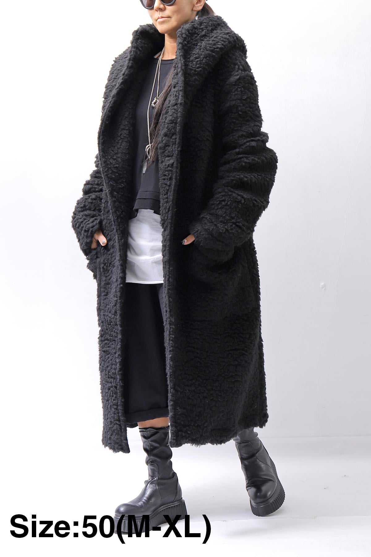 【NOSTRASANTISSIMA】 UNISEX VIRGIN BOA KNIT HOODED COAT_BLACK