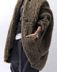 【NOSTRASANTISSIMA】 UNISEX OVERSIZED COCOON VIRGIN WOOL BOA KNIT CARDIGAN_KHAKI BROWN