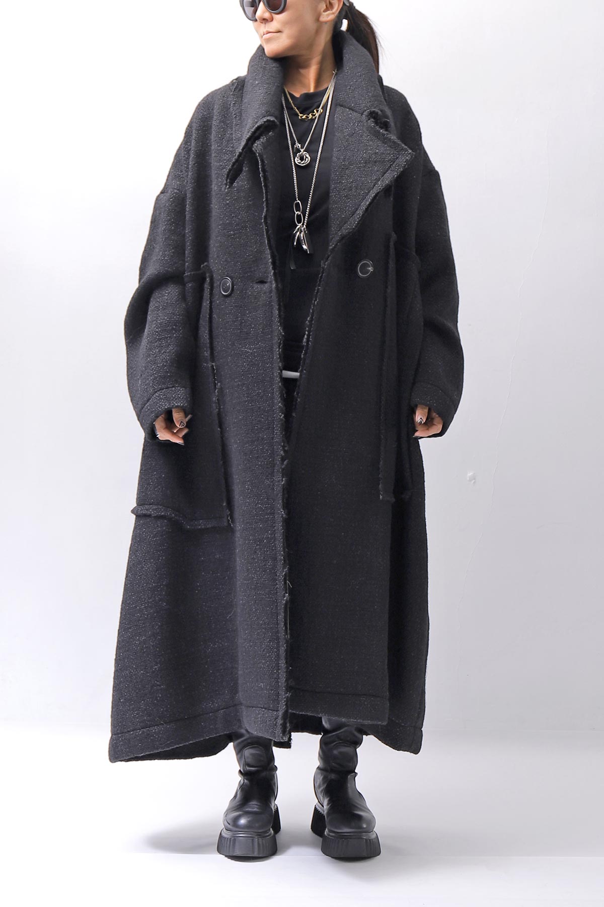 【RUNDHOLZ】 OVER SIZED BIG LAPEL LONG COAT_BLACK MEL