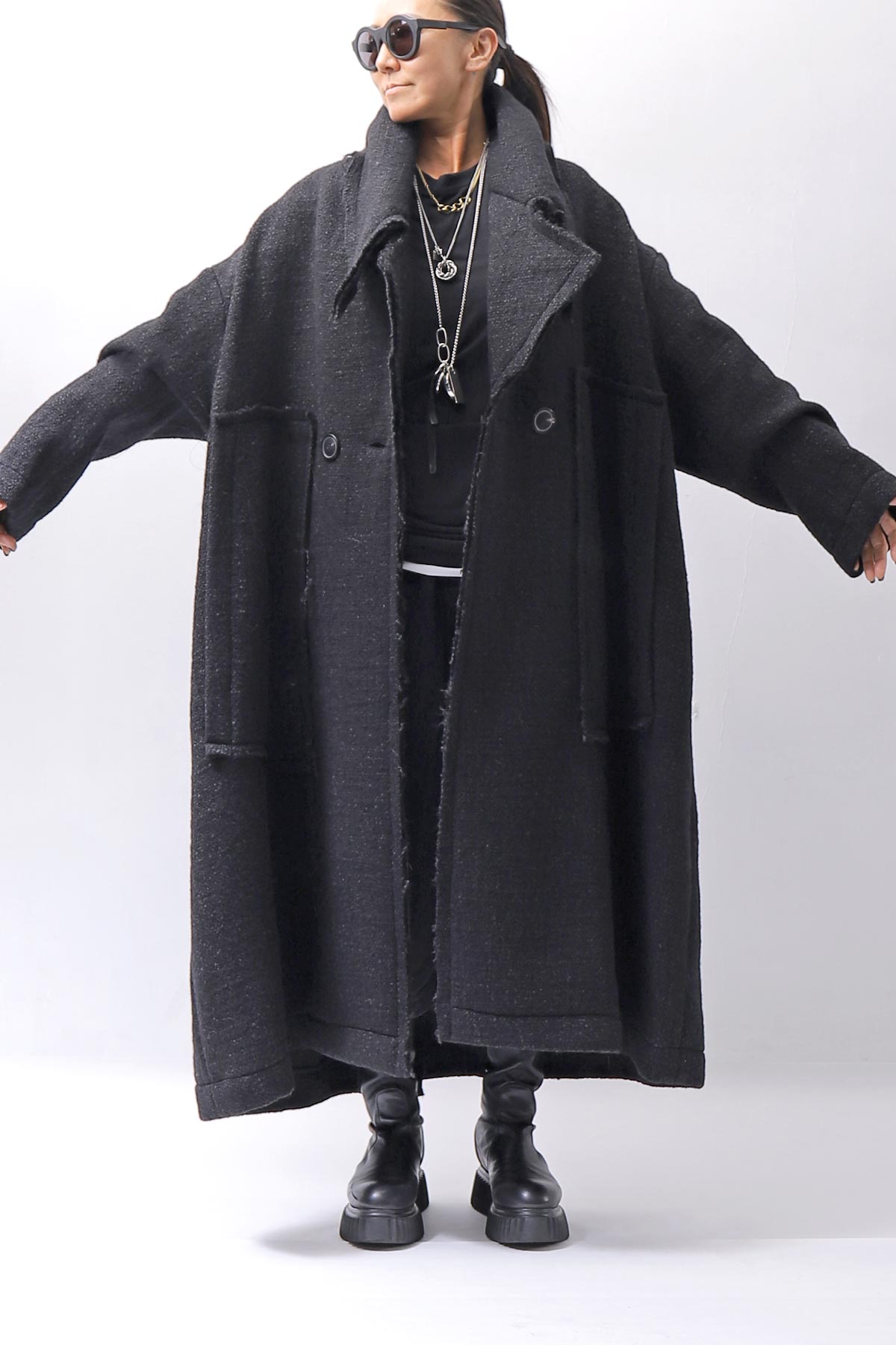 【RUNDHOLZ】 OVER SIZED BIG LAPEL LONG COAT_BLACK MEL