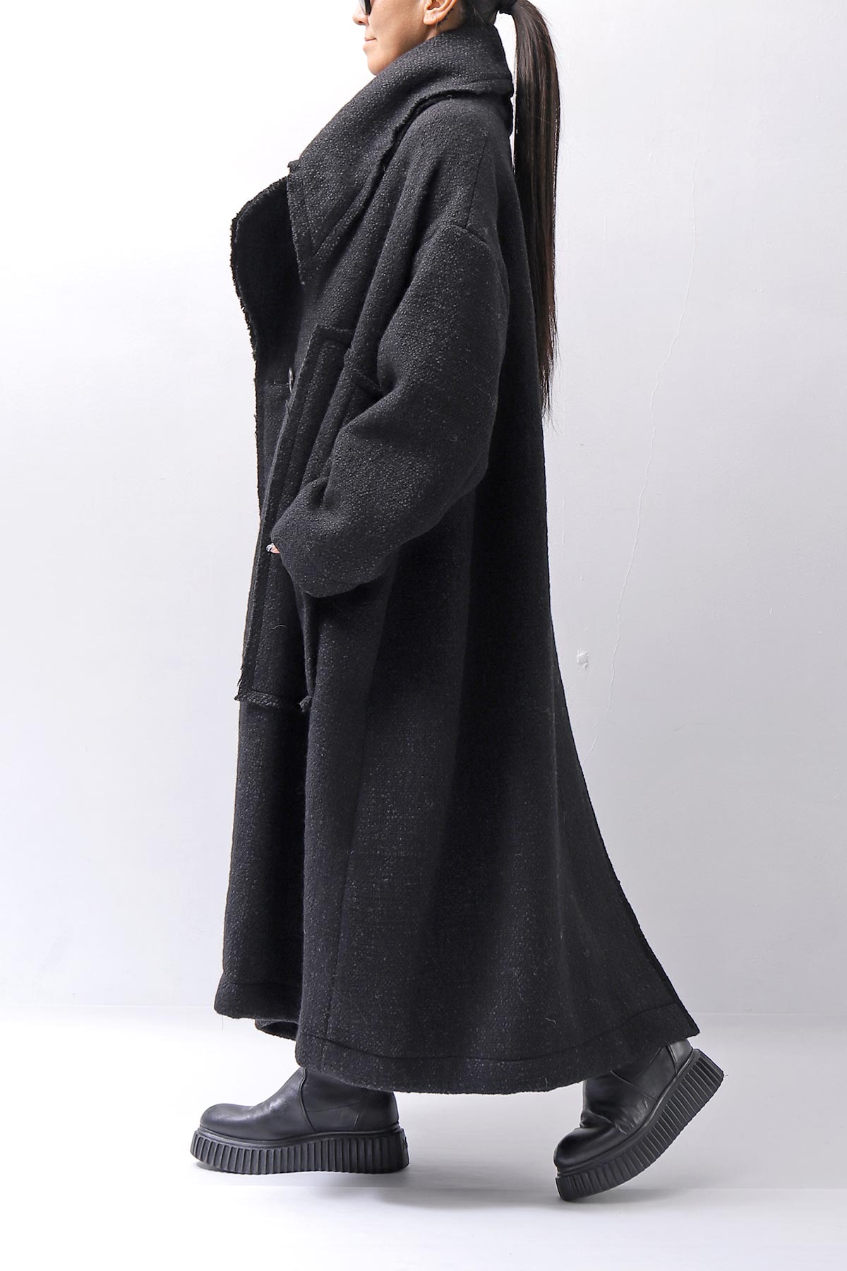 【RUNDHOLZ】 OVER SIZED BIG LAPEL LONG COAT_BLACK MEL