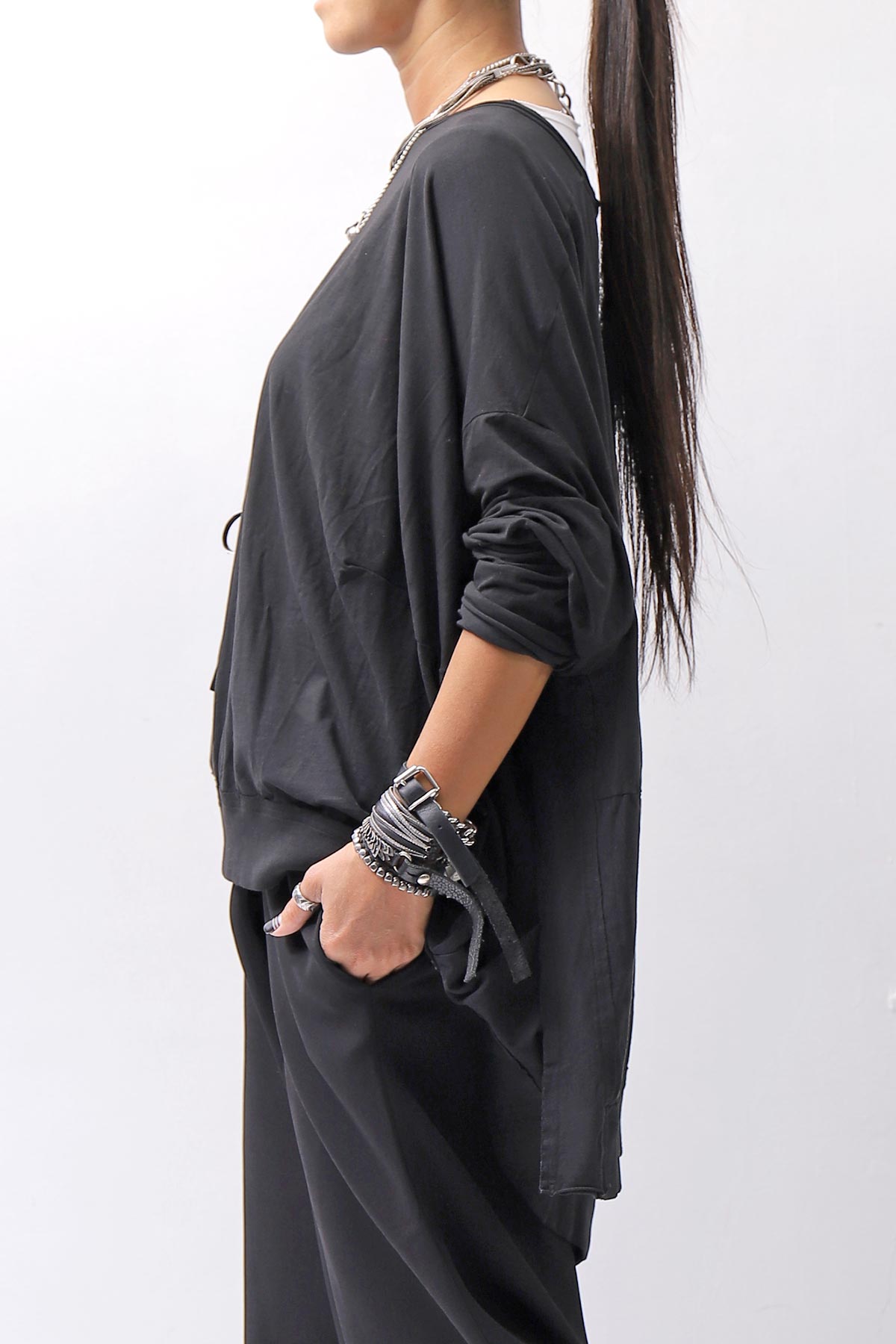【RUNDHOLZ】 UNISEX TWIST COTTON BACK LAYERED ASYMMETRY TOP 256 0531_BLACK