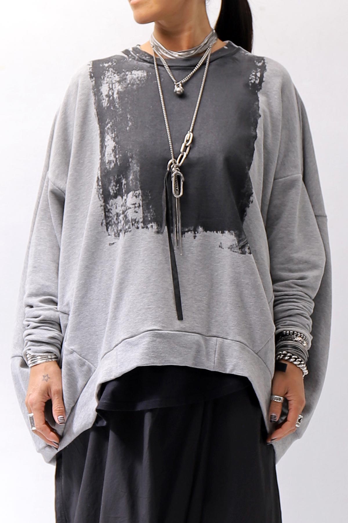 【bajra】 UNISEX BACK DRAPE&amp; PRINTED LIGHT SWEAT TOP 159QK04_GREY PRINTED