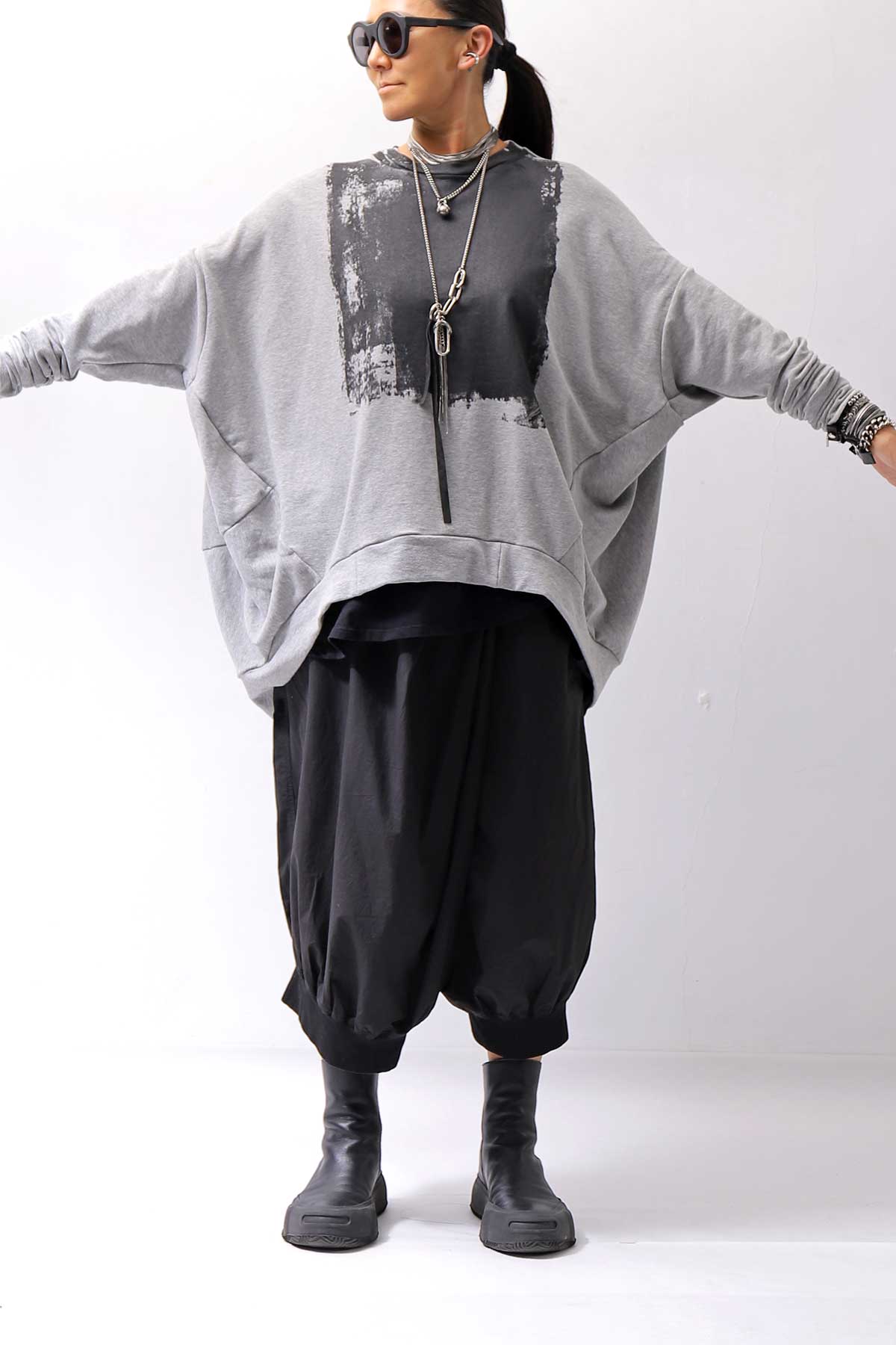 【bajra】 UNISEX BACK DRAPE&amp; PRINTED LIGHT SWEAT TOP 159QK04_GREY PRINTED