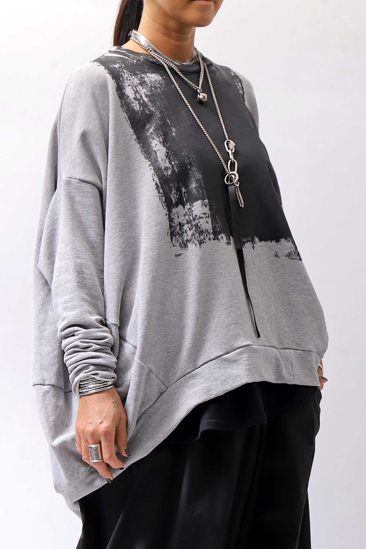 【bajra】 UNISEX BACK DRAPE&amp; PRINTED LIGHT SWEAT TOP 159QK04_GREY PRINTED