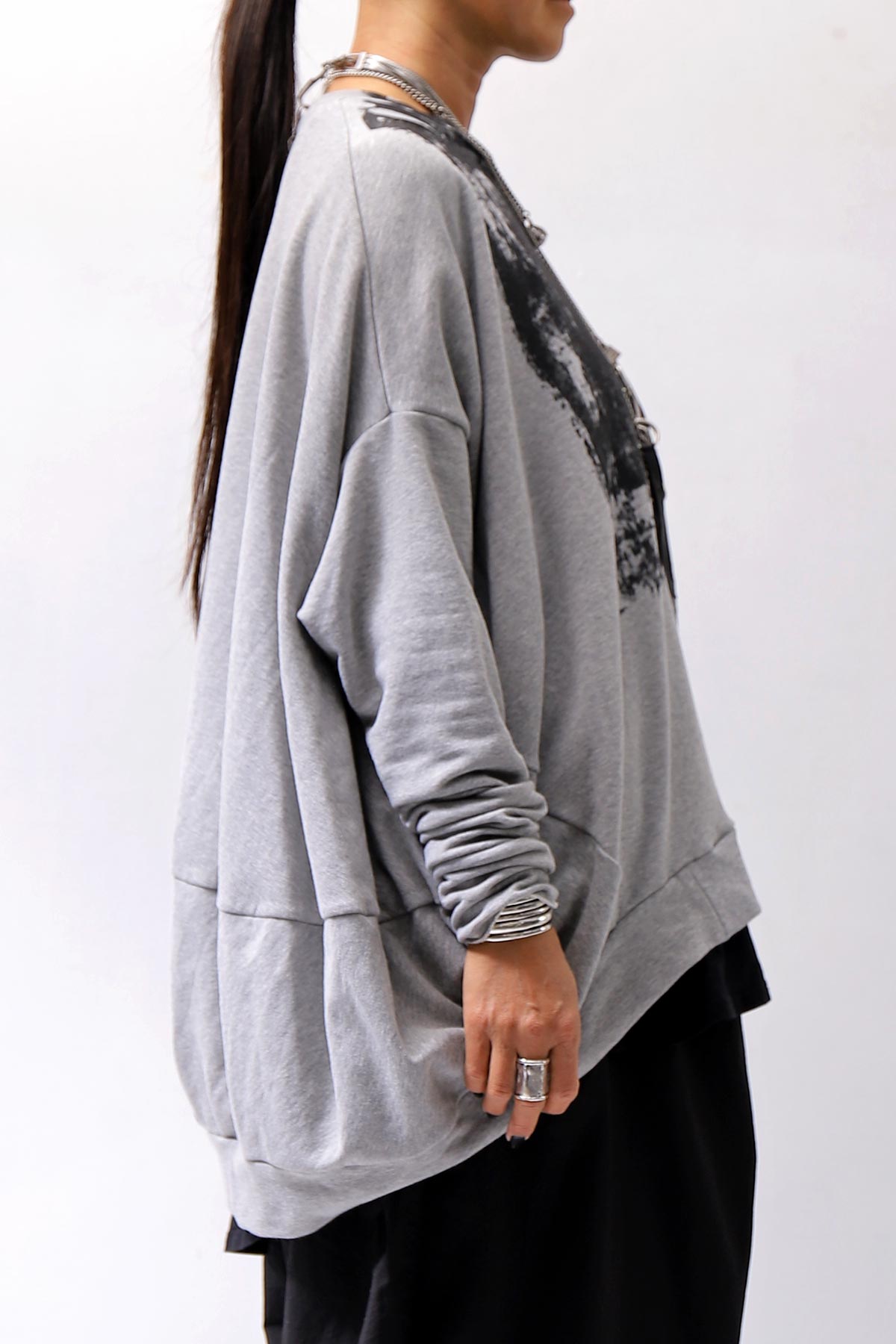 【bajra】 UNISEX BACK DRAPE&amp; PRINTED LIGHT SWEAT TOP 159QK04_GREY PRINTED