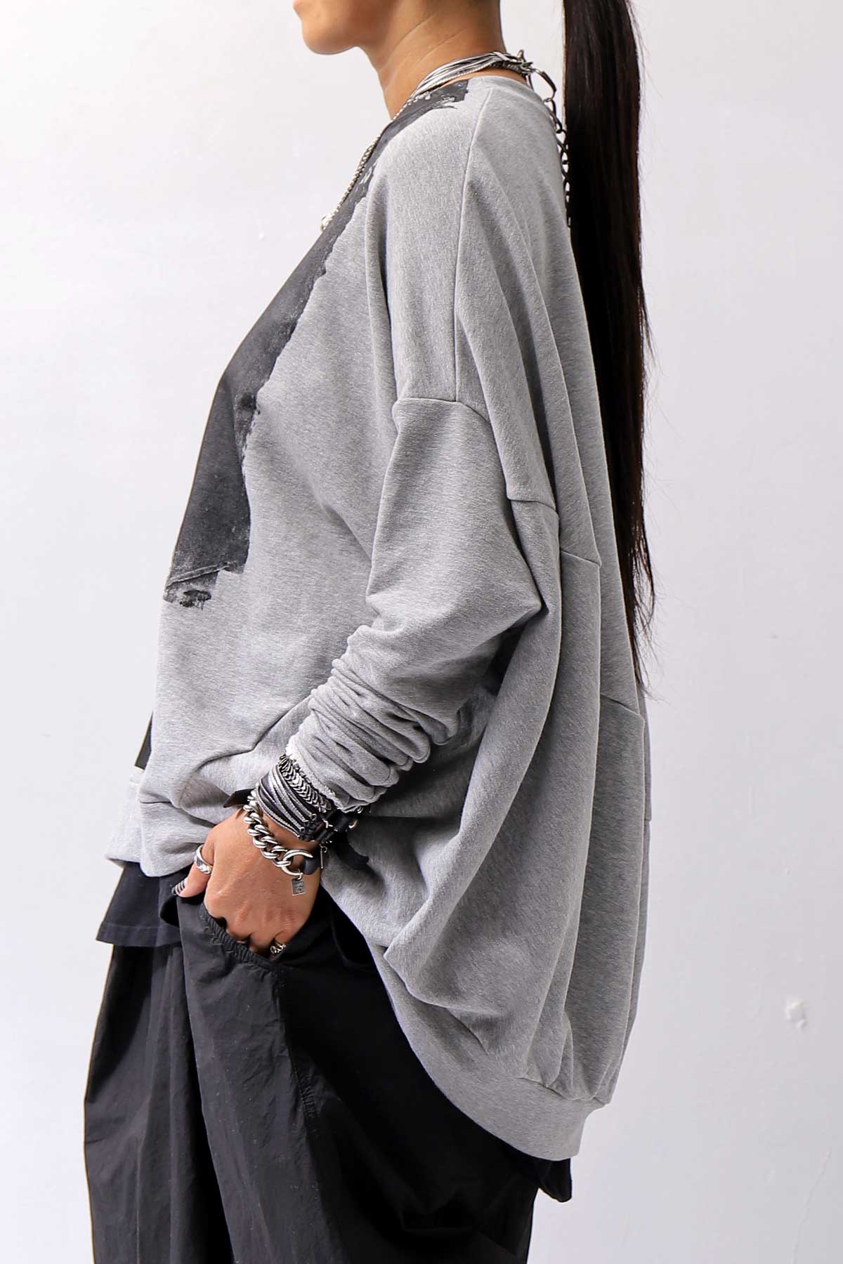 【bajra】 UNISEX BACK DRAPE&amp; PRINTED LIGHT SWEAT TOP 159QK04_GREY PRINTED