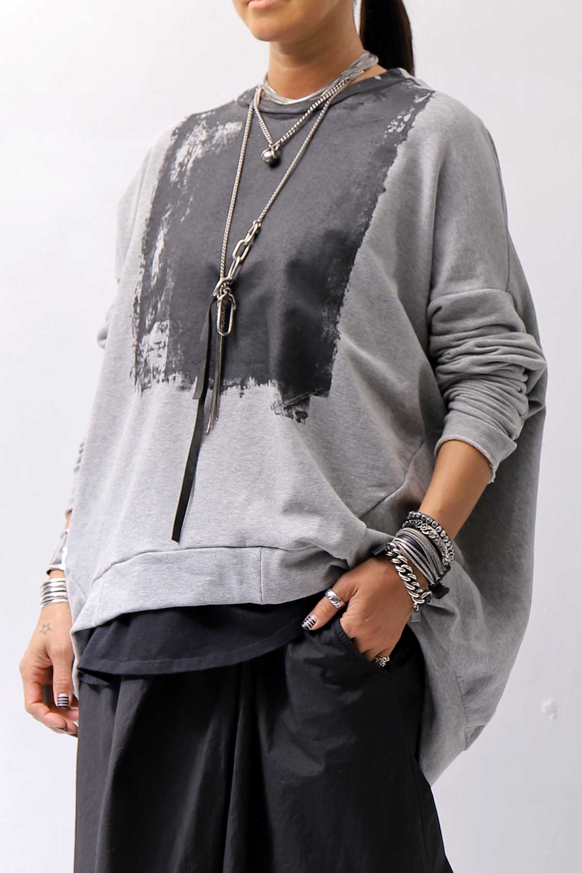【bajra】 UNISEX BACK DRAPE&amp; PRINTED LIGHT SWEAT TOP 159QK04_GREY PRINTED