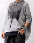 【bajra】 UNISEX BACK DRAPE& PRINTED LIGHT SWEAT TOP 159QK04_GREY PRINTED