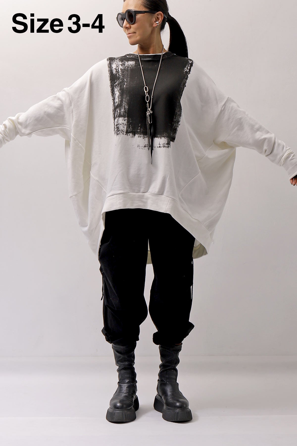 【bajra】 UNISEX BACK DRAPE&amp; PRINTED LIGHT SWEAT TOP 159QK04_WHITE PRINTED
