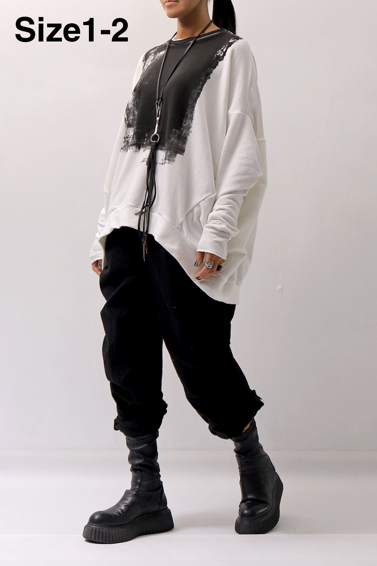 【bajra】 UNISEX BACK DRAPE&amp; PRINTED LIGHT SWEAT TOP 159QK04_WHITE PRINTED