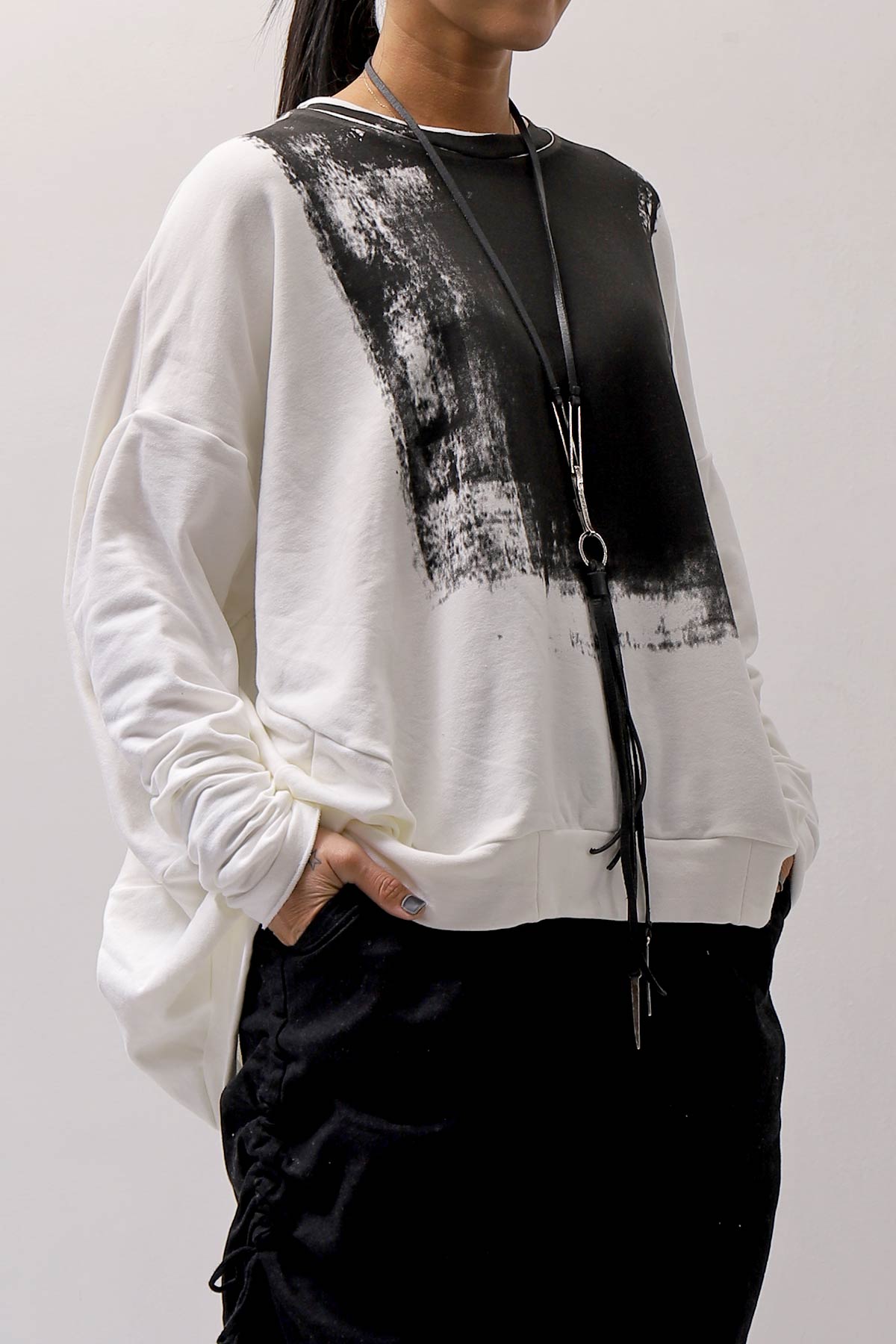 【bajra】 UNISEX BACK DRAPE&amp; PRINTED LIGHT SWEAT TOP 159QK04_WHITE PRINTED