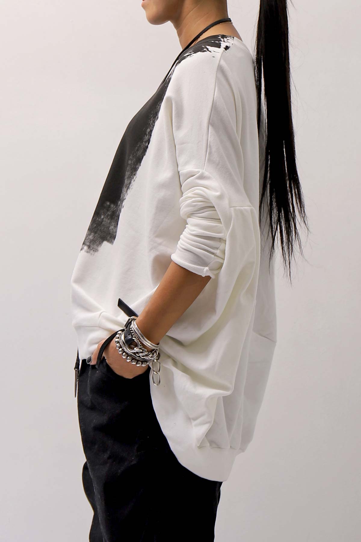 【bajra】 UNISEX BACK DRAPE&amp; PRINTED LIGHT SWEAT TOP 159QK04_WHITE PRINTED