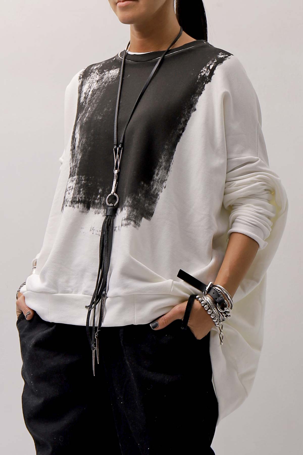 【bajra】 UNISEX BACK DRAPE&amp; PRINTED LIGHT SWEAT TOP 159QK04_WHITE PRINTED