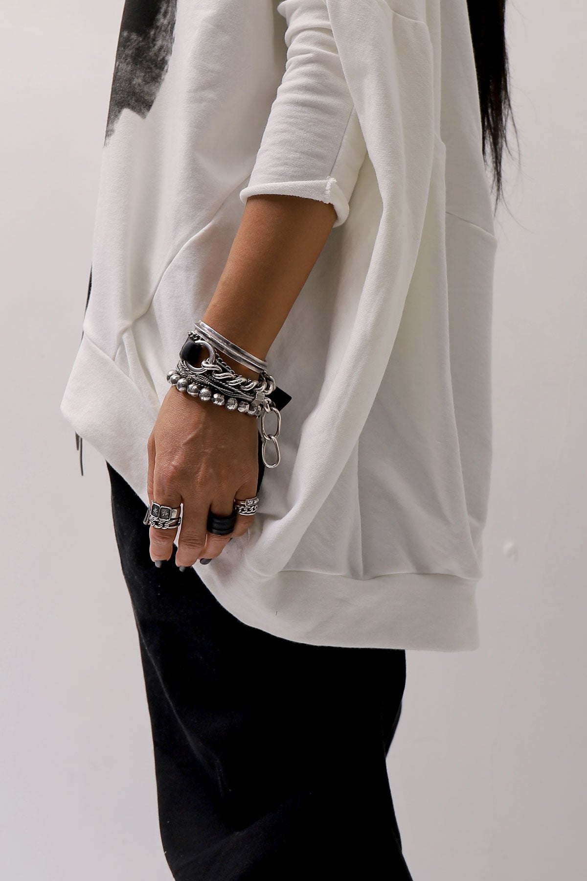 【bajra】 UNISEX BACK DRAPE&amp; PRINTED LIGHT SWEAT TOP 159QK04_WHITE PRINTED