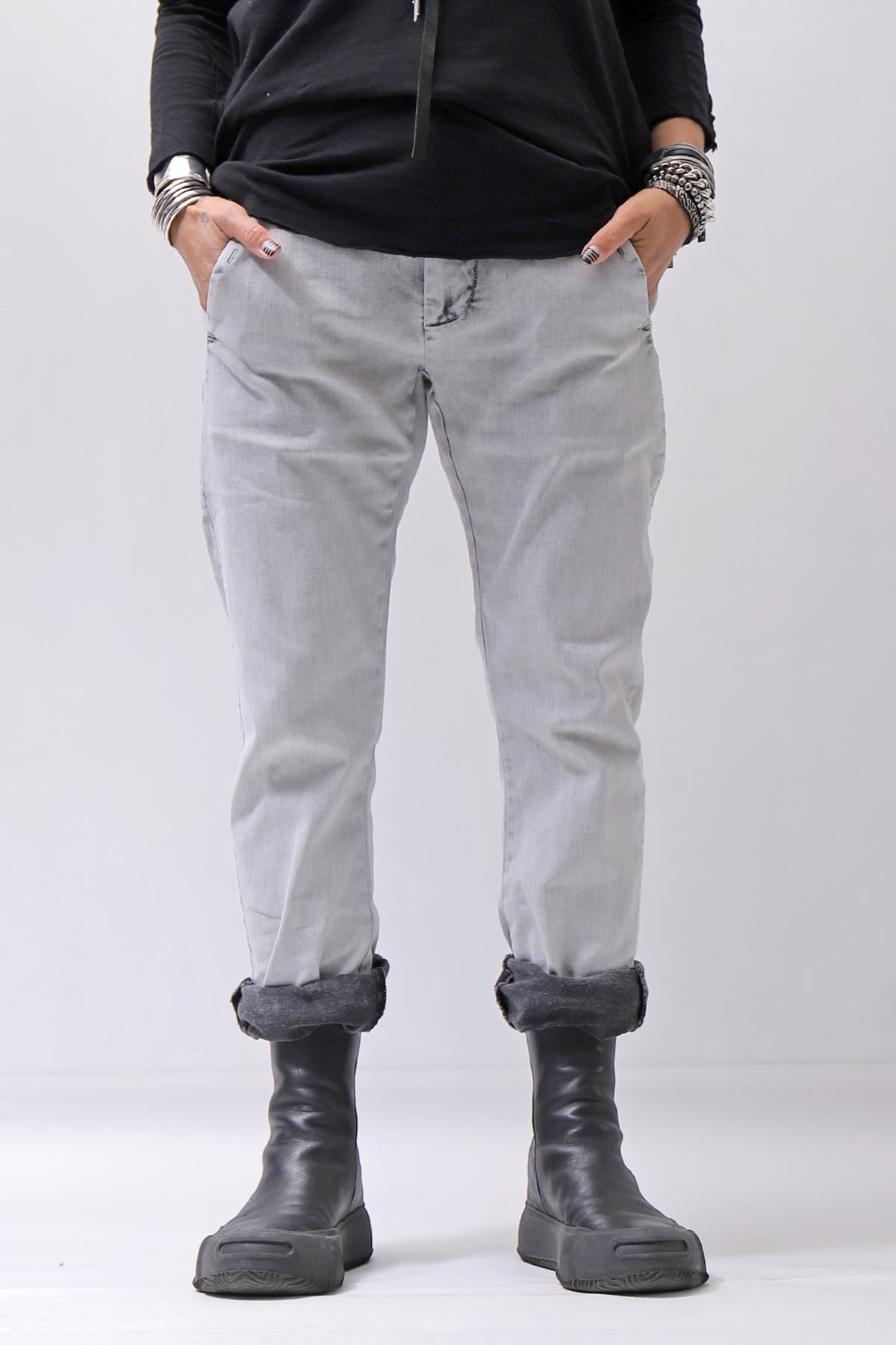 【thom/krom】 UNISEX LOW CROTCH STRETCH DENIM PANTS MT102_BLEACH GREY(LIGHT GREY)