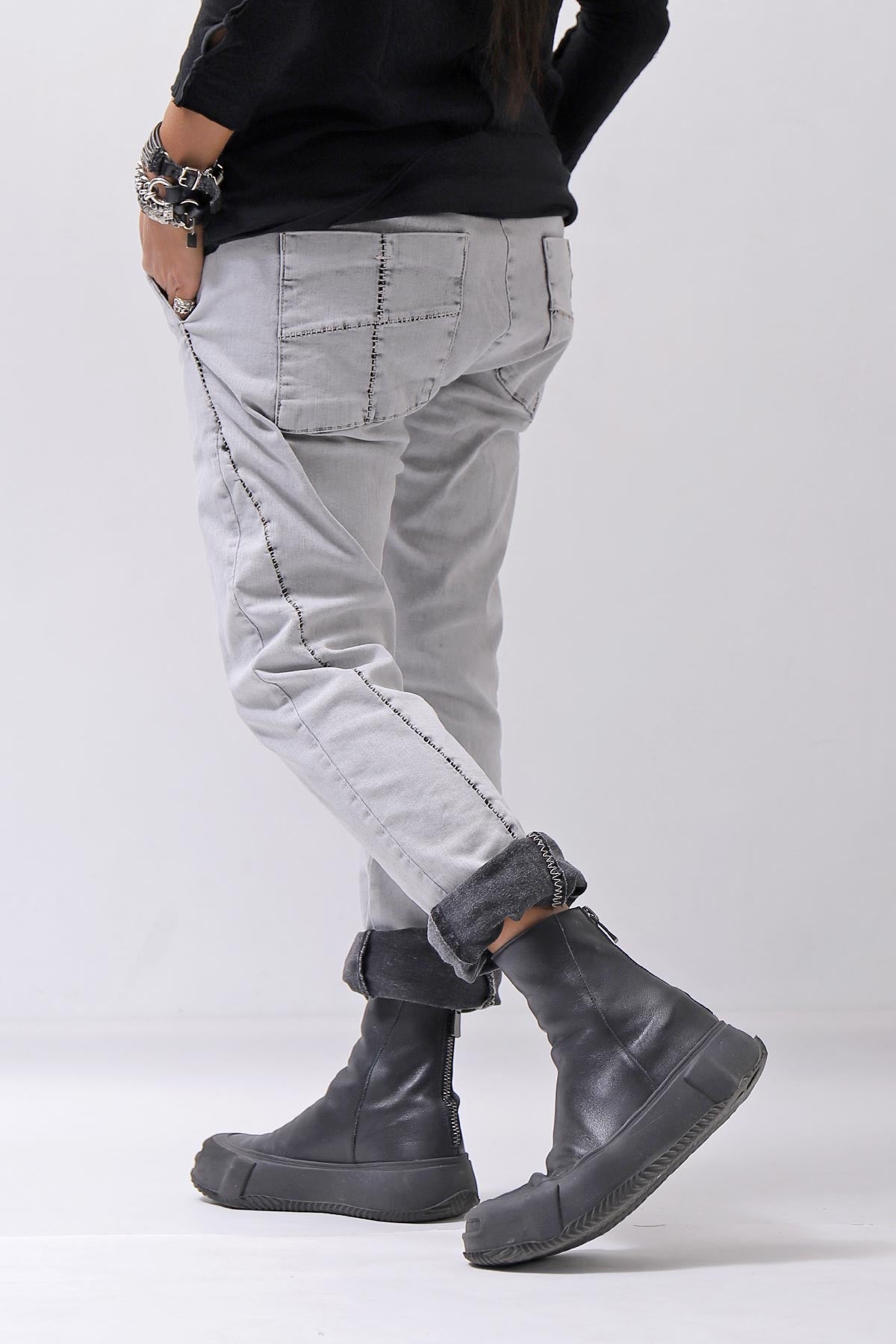 【thom/krom】 UNISEX LOW CROTCH STRETCH DENIM PANTS MT102_BLEACH GREY(LIGHT GREY)