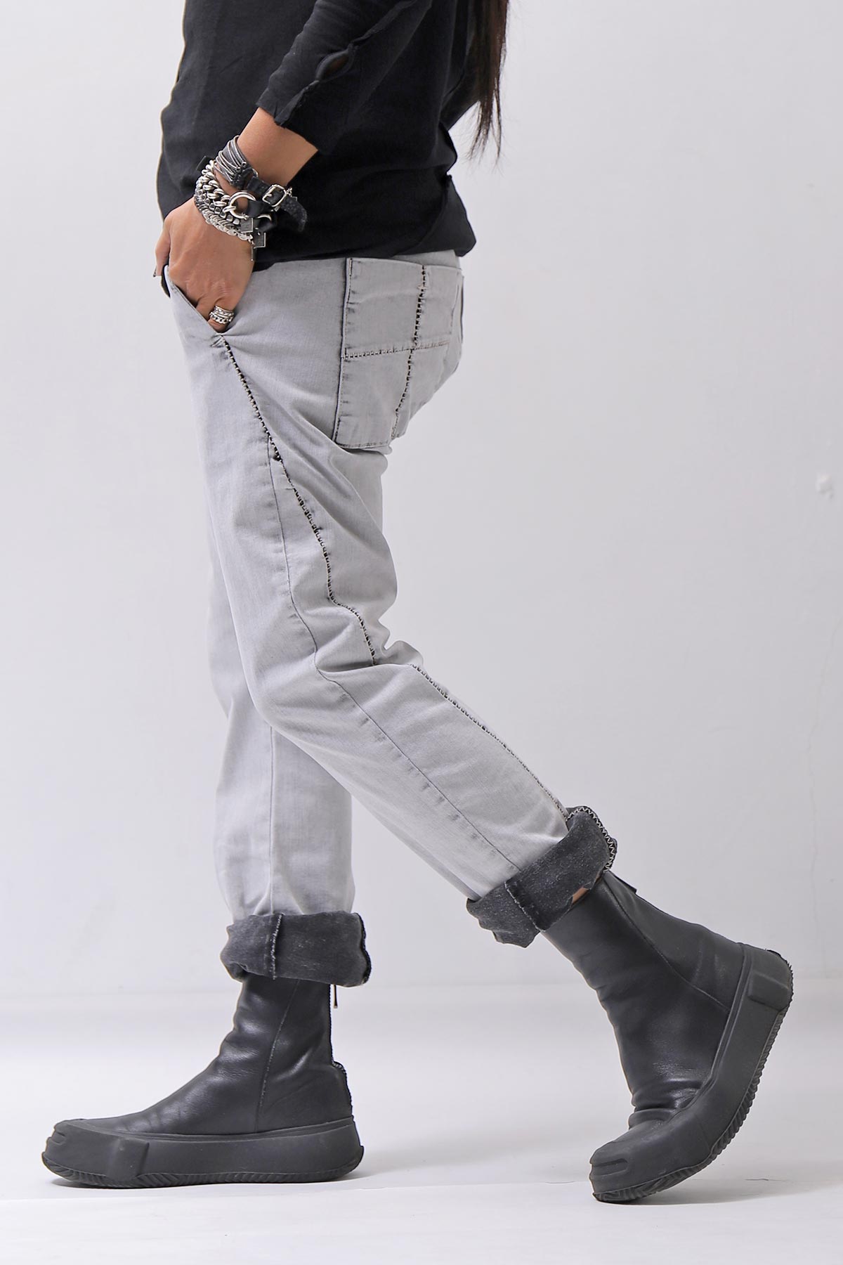 【thom/krom】 UNISEX LOW CROTCH STRETCH DENIM PANTS MT102_BLEACH GREY(LIGHT GREY)
