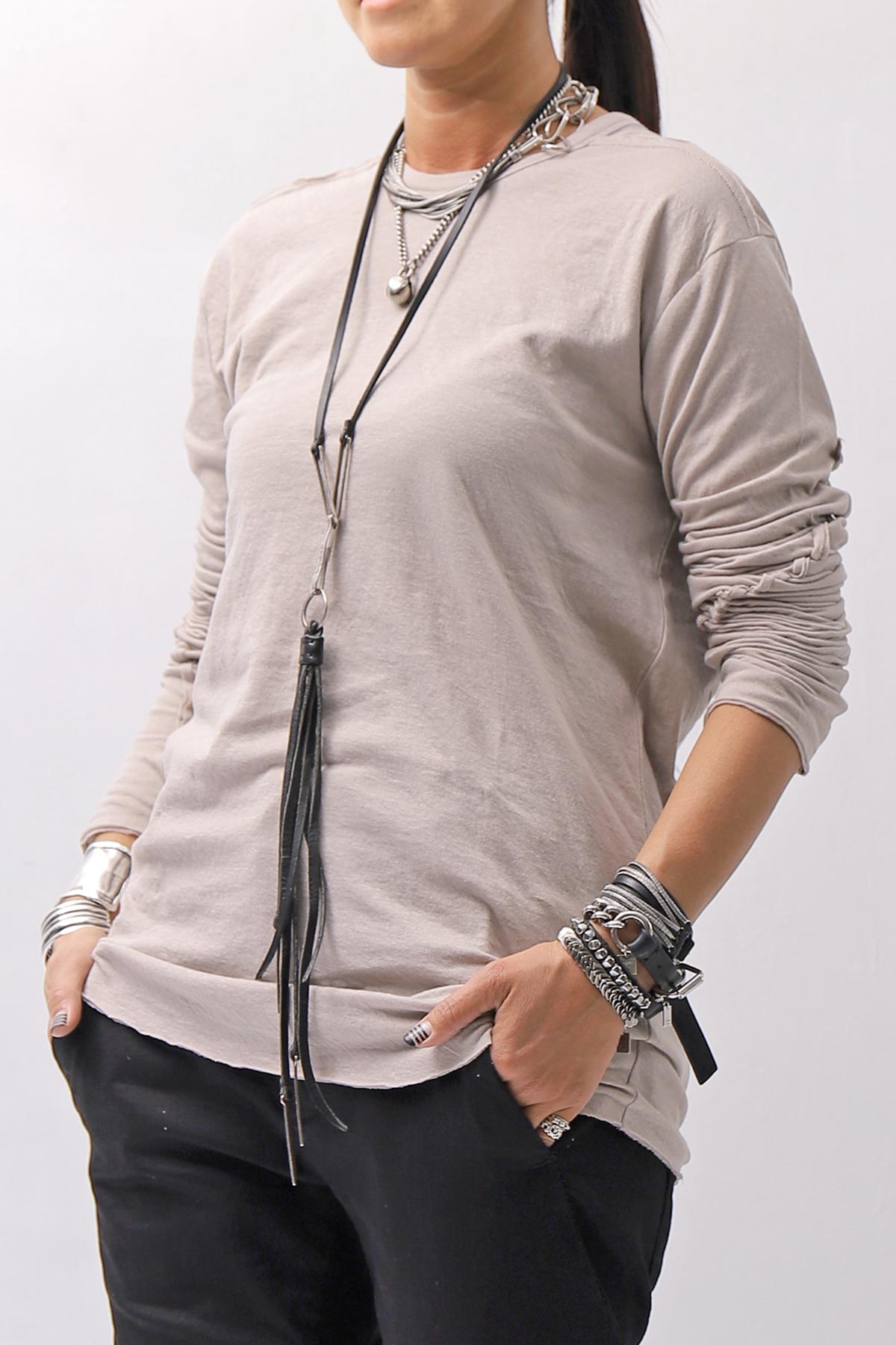 【thom/krom】 UNISEX SKIN COTTON DOUBLE LAYERED TOPS MTS922_STONE