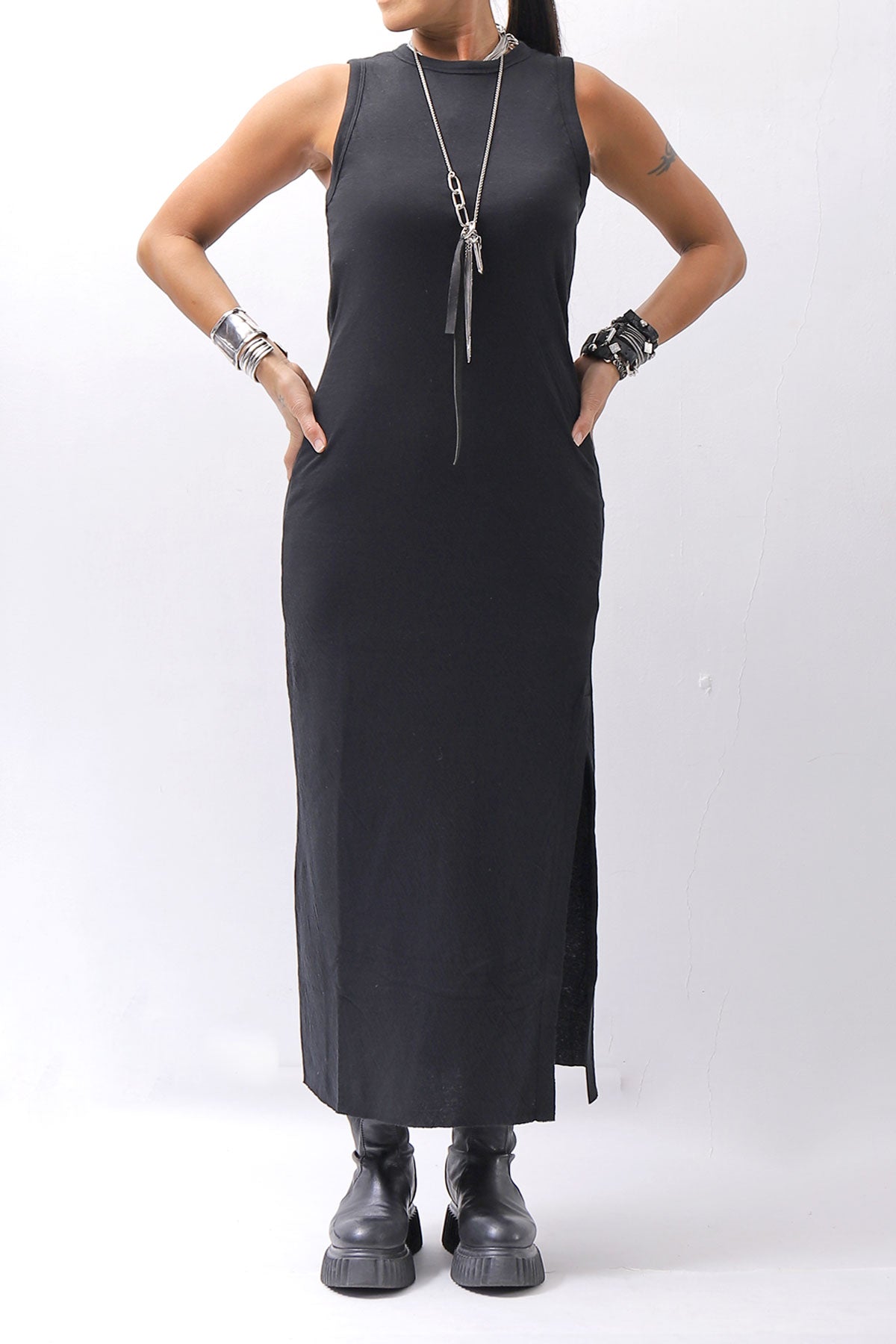 【thom/krom】 SKIN COTTON SLEEVE-LESS LONG DRESS WD58_BLACK