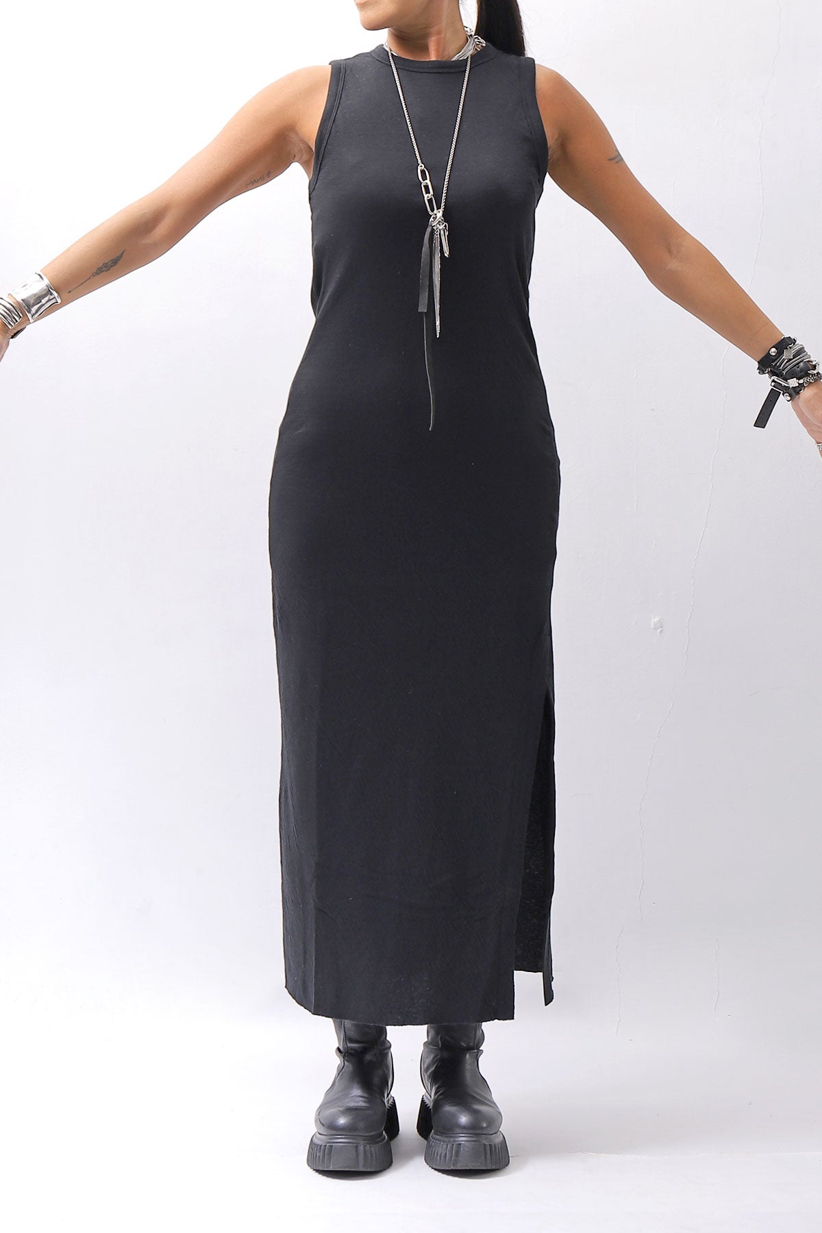【thom/krom】 SKIN COTTON SLEEVE-LESS LONG DRESS WD58_BLACK
