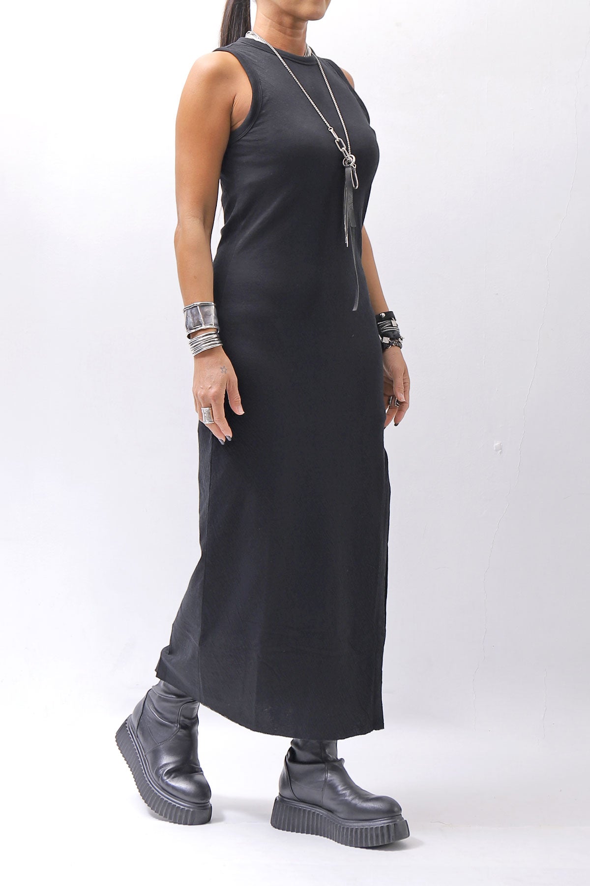 【thom/krom】 SKIN COTTON SLEEVE-LESS LONG DRESS WD58_BLACK