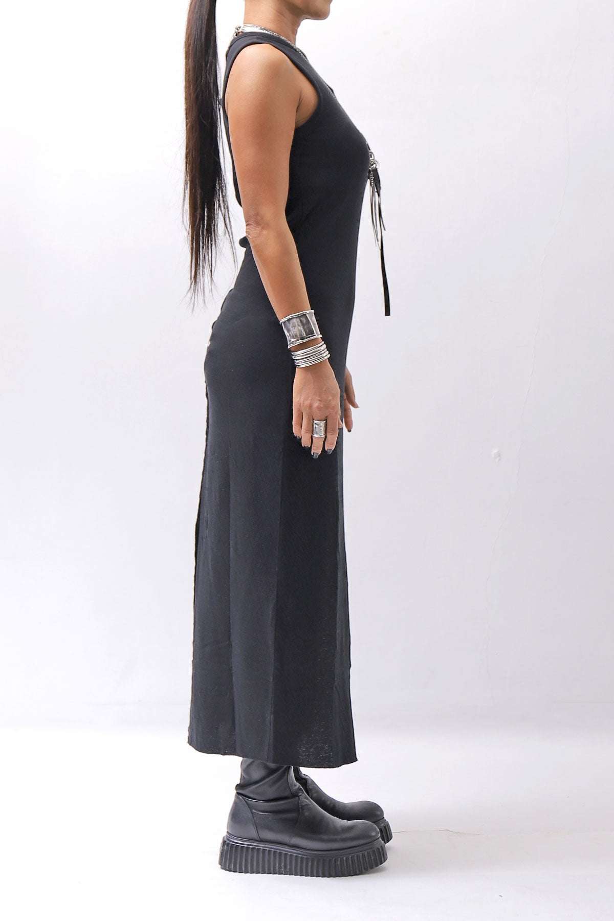 【thom/krom】 SKIN COTTON SLEEVE-LESS LONG DRESS WD58_BLACK