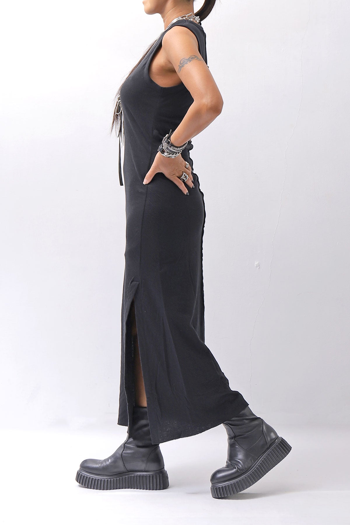 【thom/krom】 SKIN COTTON SLEEVE-LESS LONG DRESS WD58_BLACK
