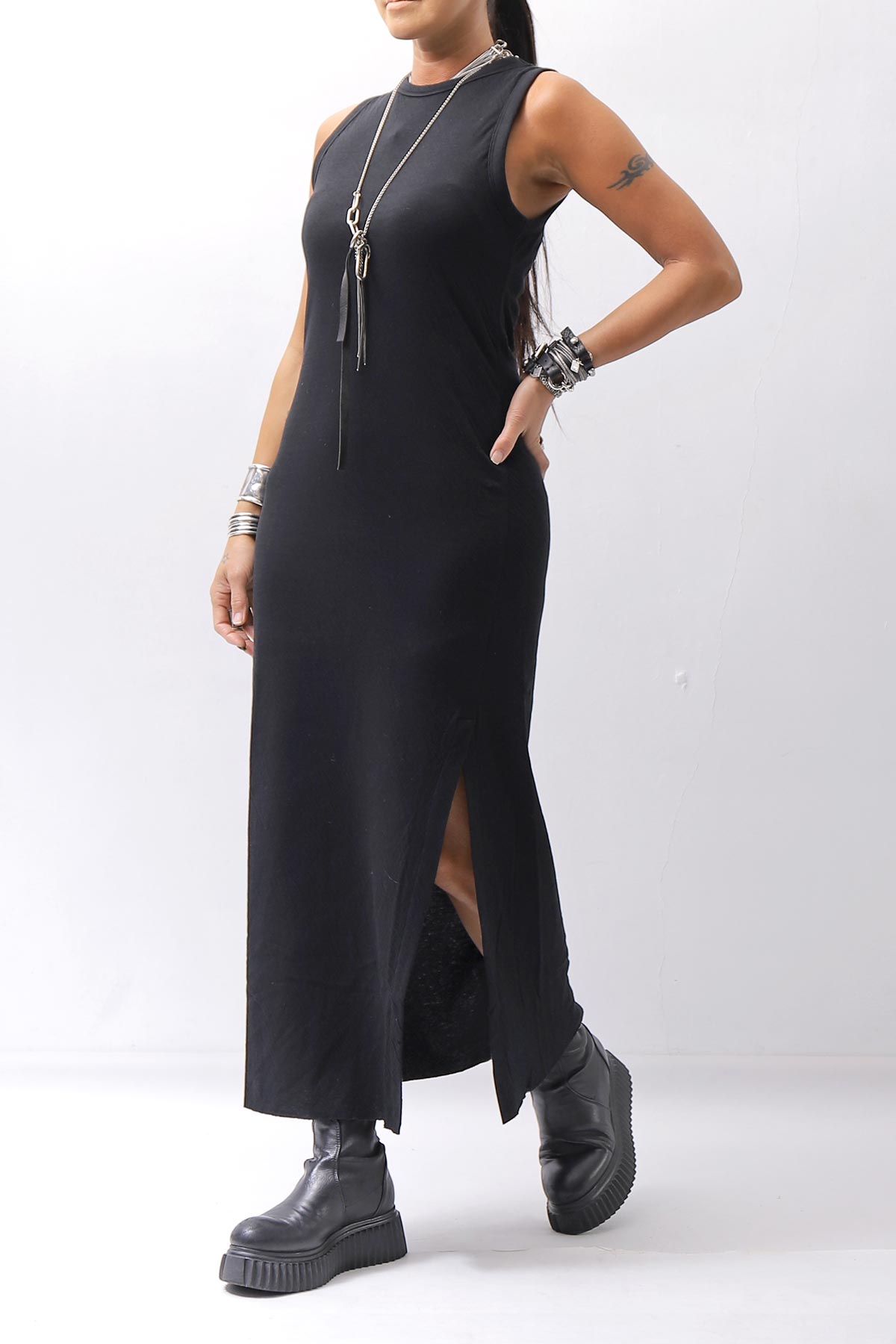 【thom/krom】 SKIN COTTON SLEEVE-LESS LONG DRESS WD58_BLACK