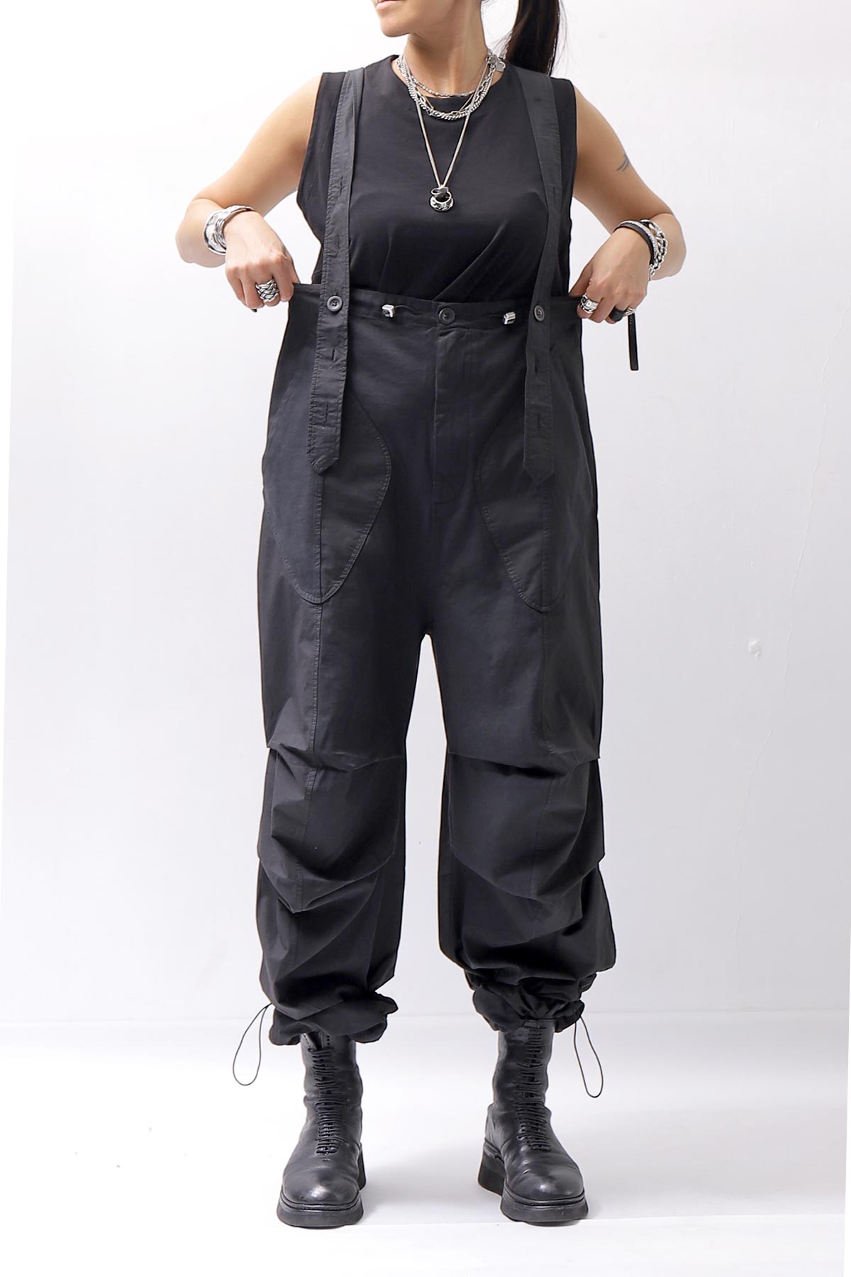 【Andrea Ya&#39;aqov】 UNISEX 2WAY SHOULDER SALOPETTE PARACHUTE PANTS PAK71_BLACK